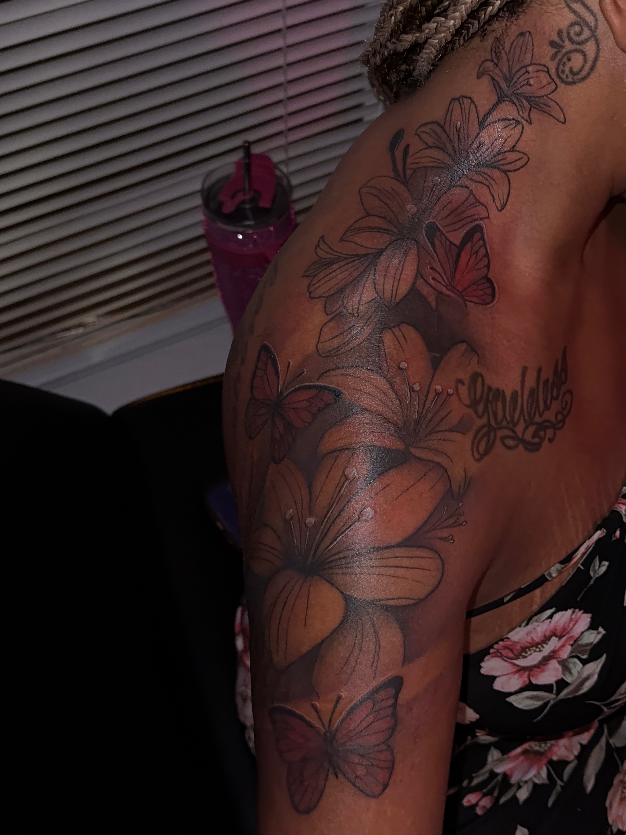 Flowers and butterflies realism tattoo on the shoulder by XoticTherapy, Las Vegas, Nevada
