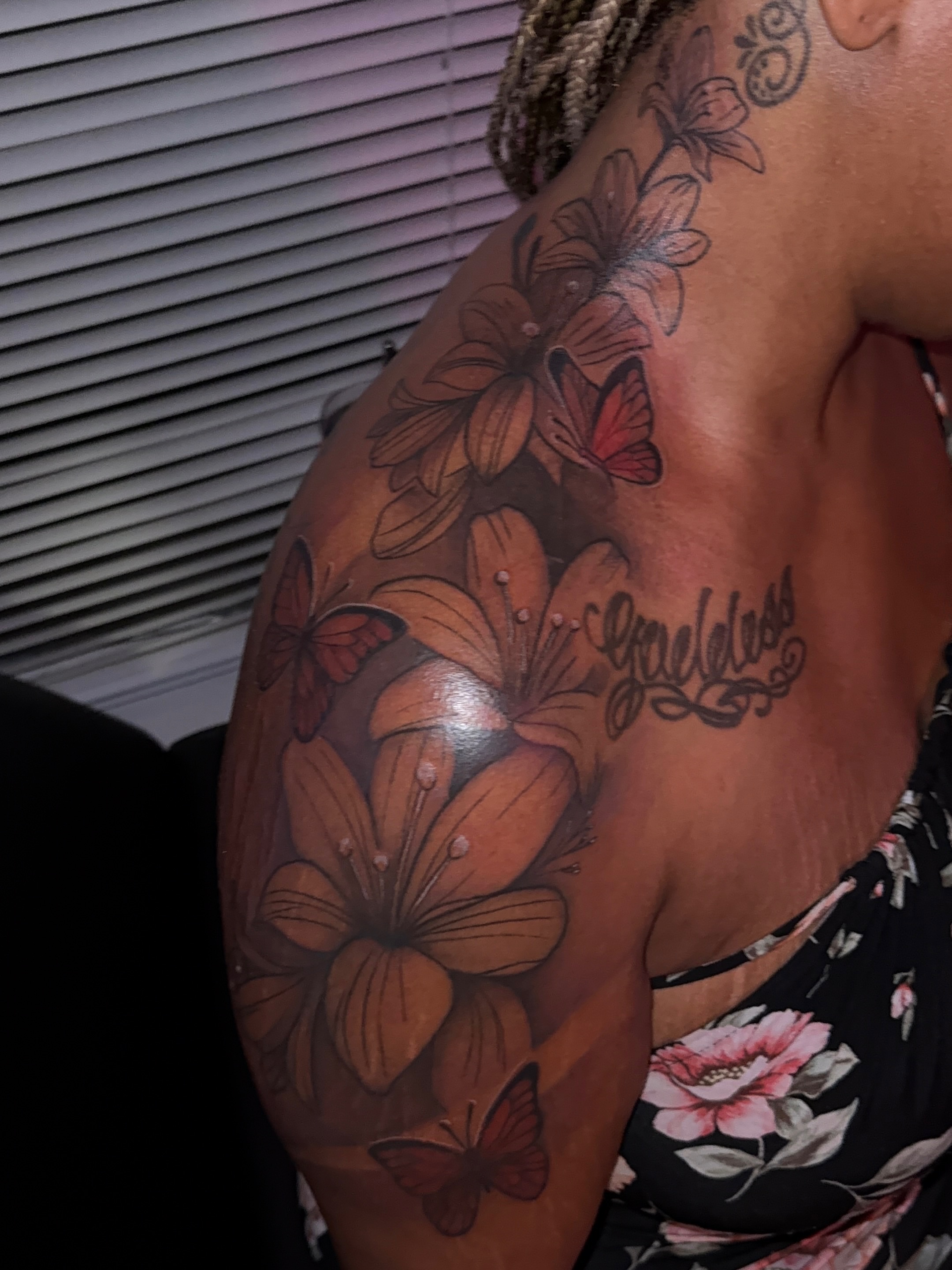 Flowers and butterflies dotwork tattoo on the shoulder by XoticTherapy, Las Vegas, Nevada