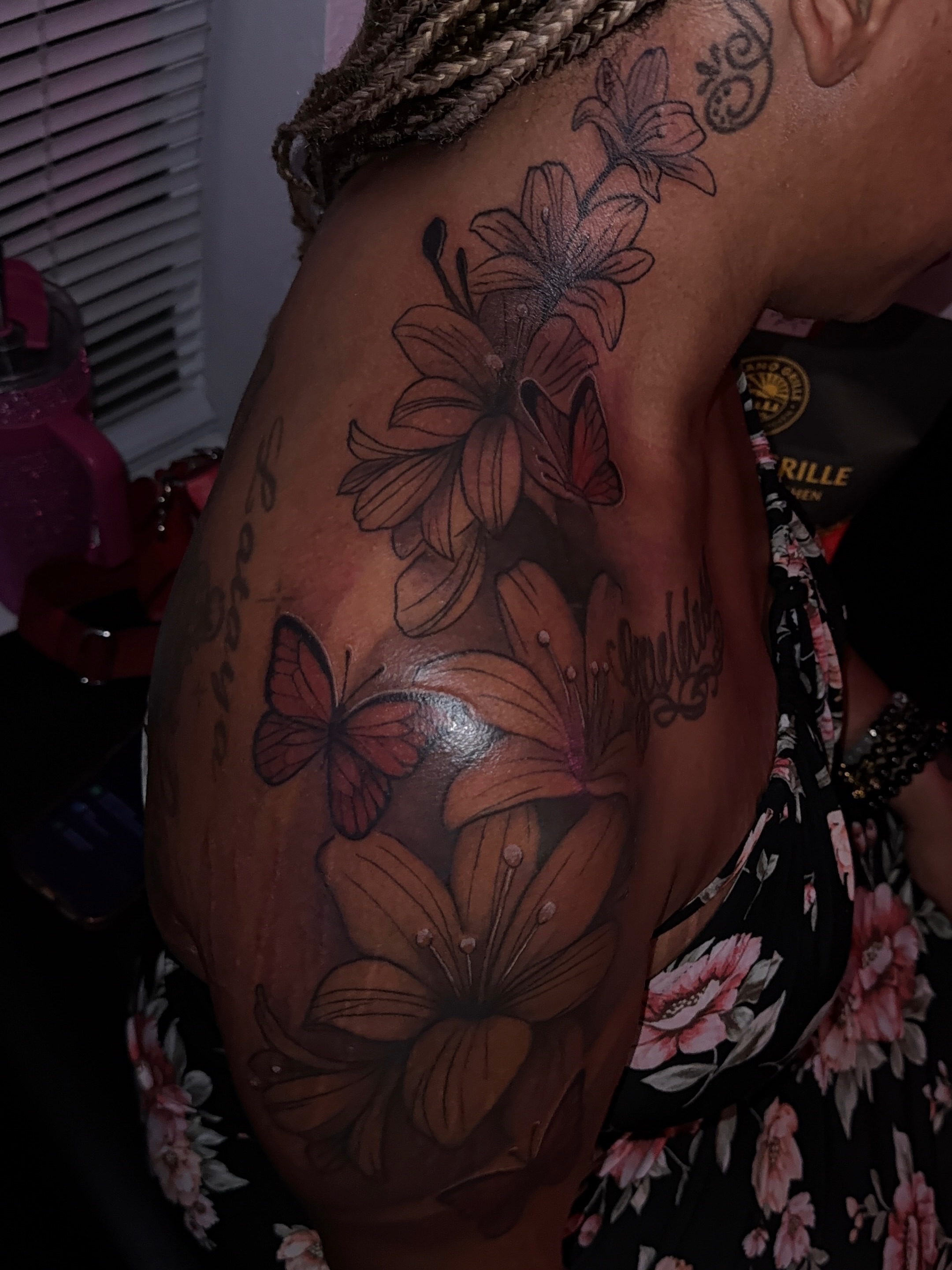 Flowers and butterflies realism tattoo on the shoulder by XoticTherapy, Las Vegas, Nevada