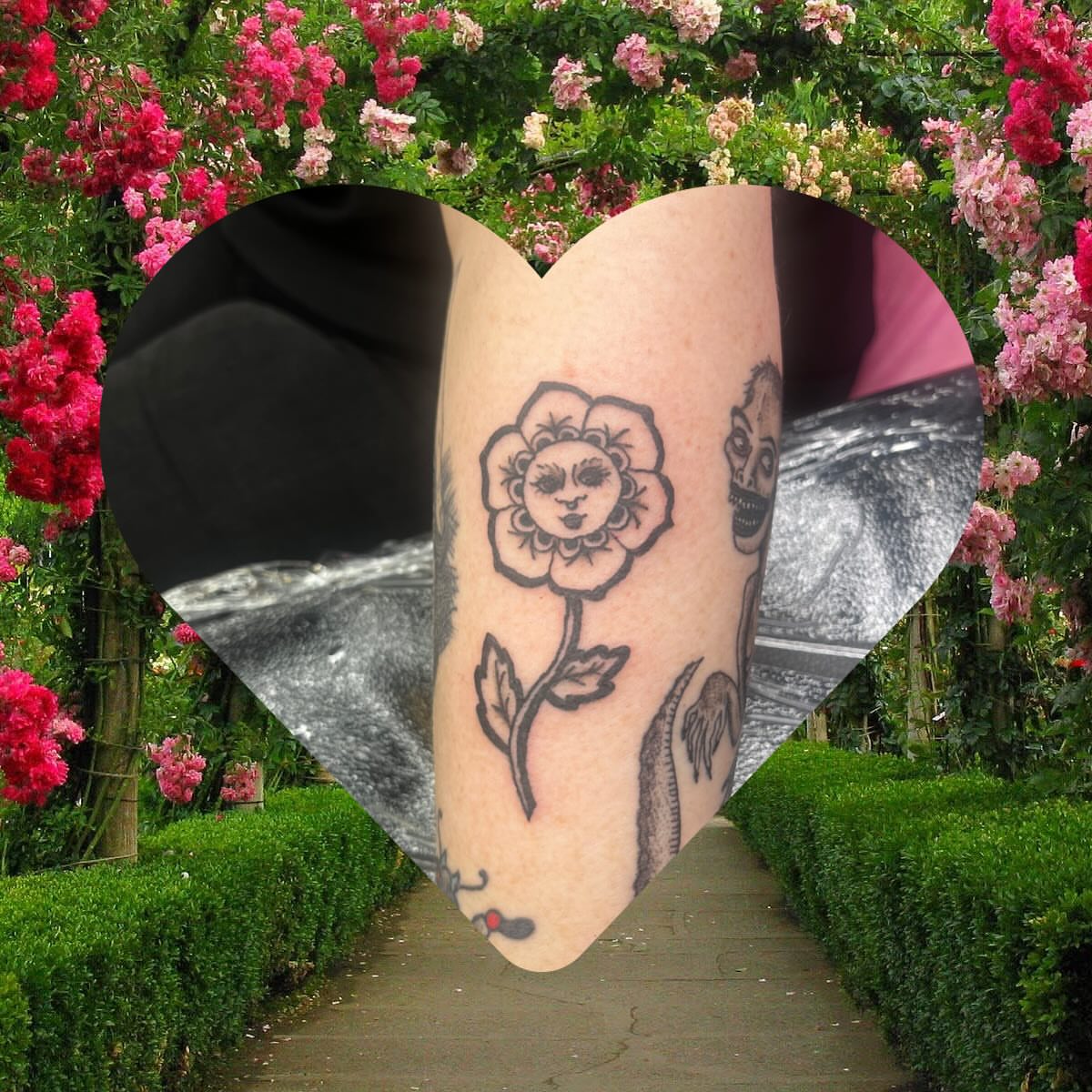 Flower with face black and grey tattoo on the forearm by ✨ Lesly ✨, Austin, Texas