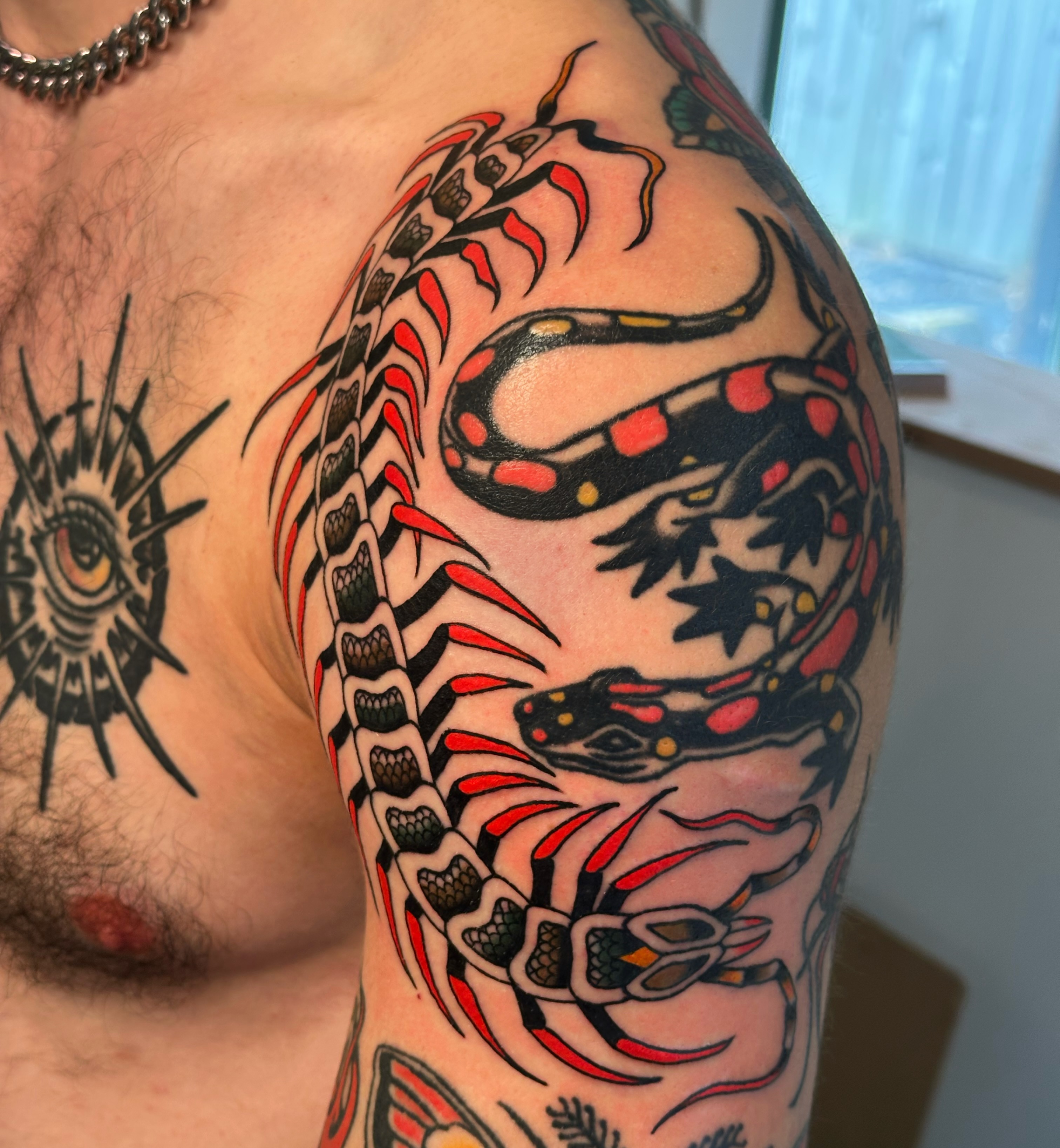 Snake American traditional tattoo on the shoulder by A.j. Lingerfeldt, Nashville, Tennessee