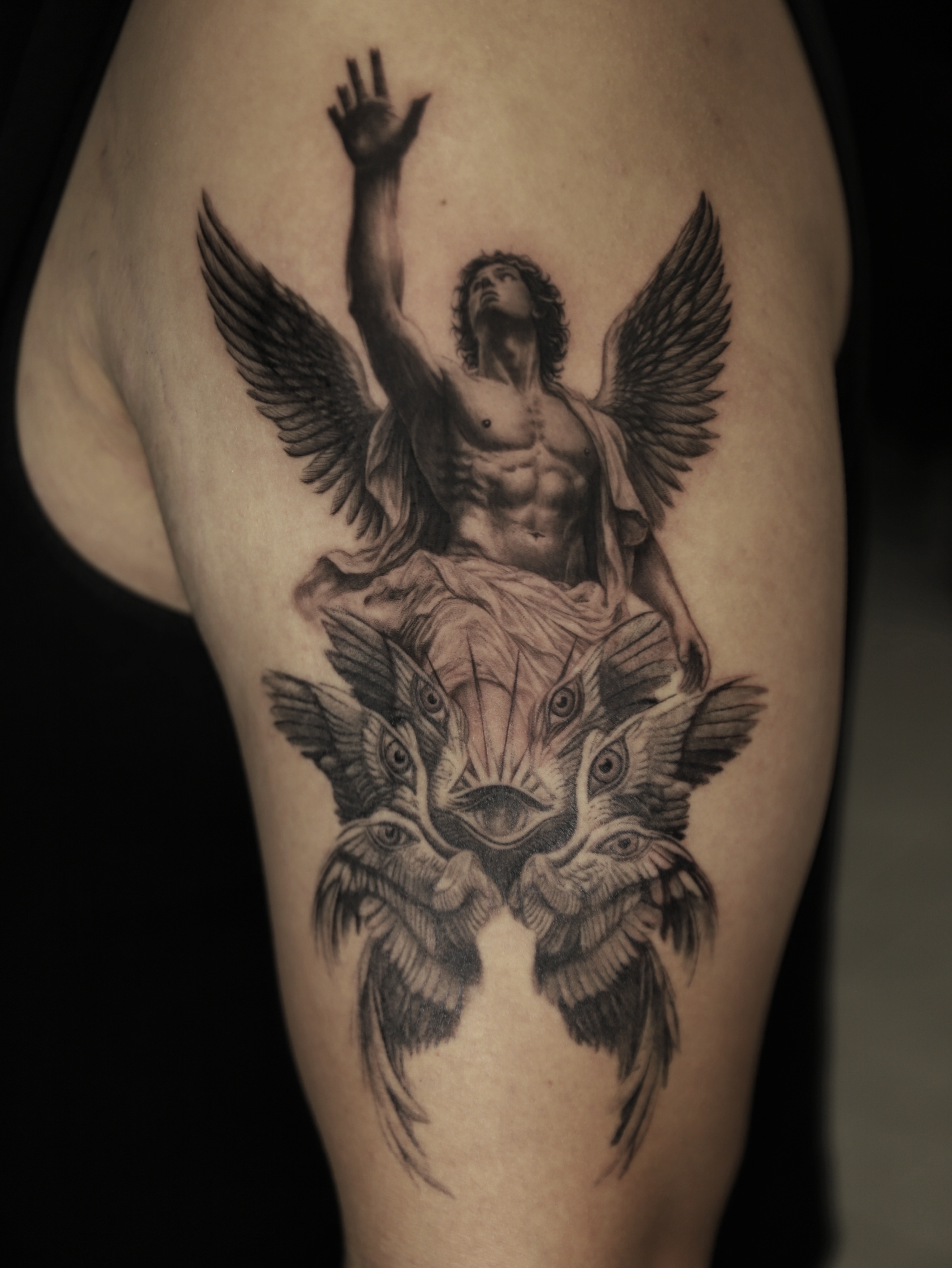 Angelic figure realism tattoo on the thigh by Las Vegas tattoo