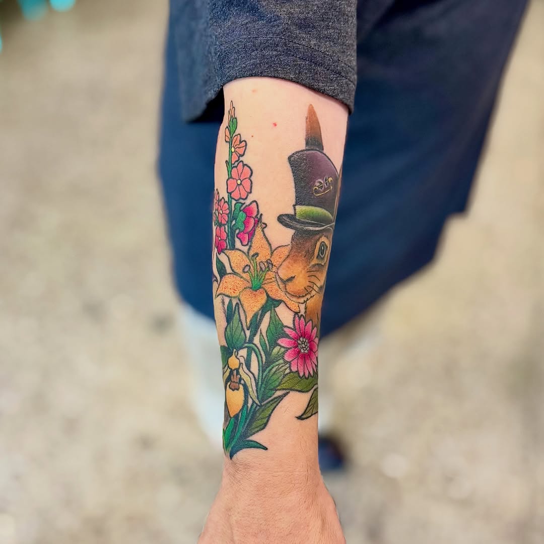 Cat with top hat new school tattoo on the forearm by Jamie Hall, Kansas City, Missouri