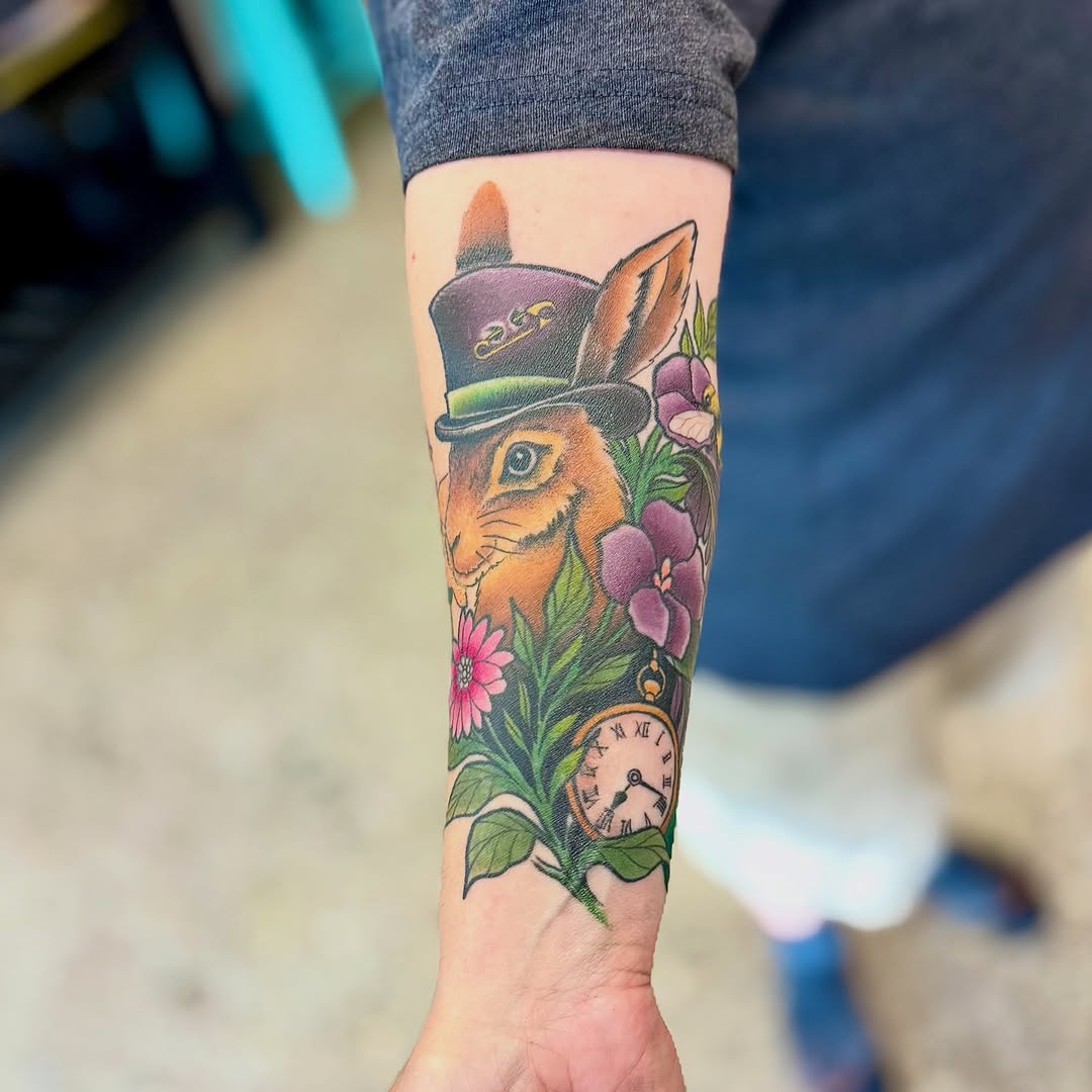 Rabbit with top hat new school tattoo on the forearm by Jamie Hall, Kansas City, Missouri