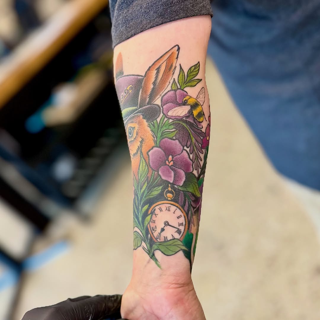 Fox with top hat new school tattoo on the forearm by Jamie Hall, Kansas City, Missouri