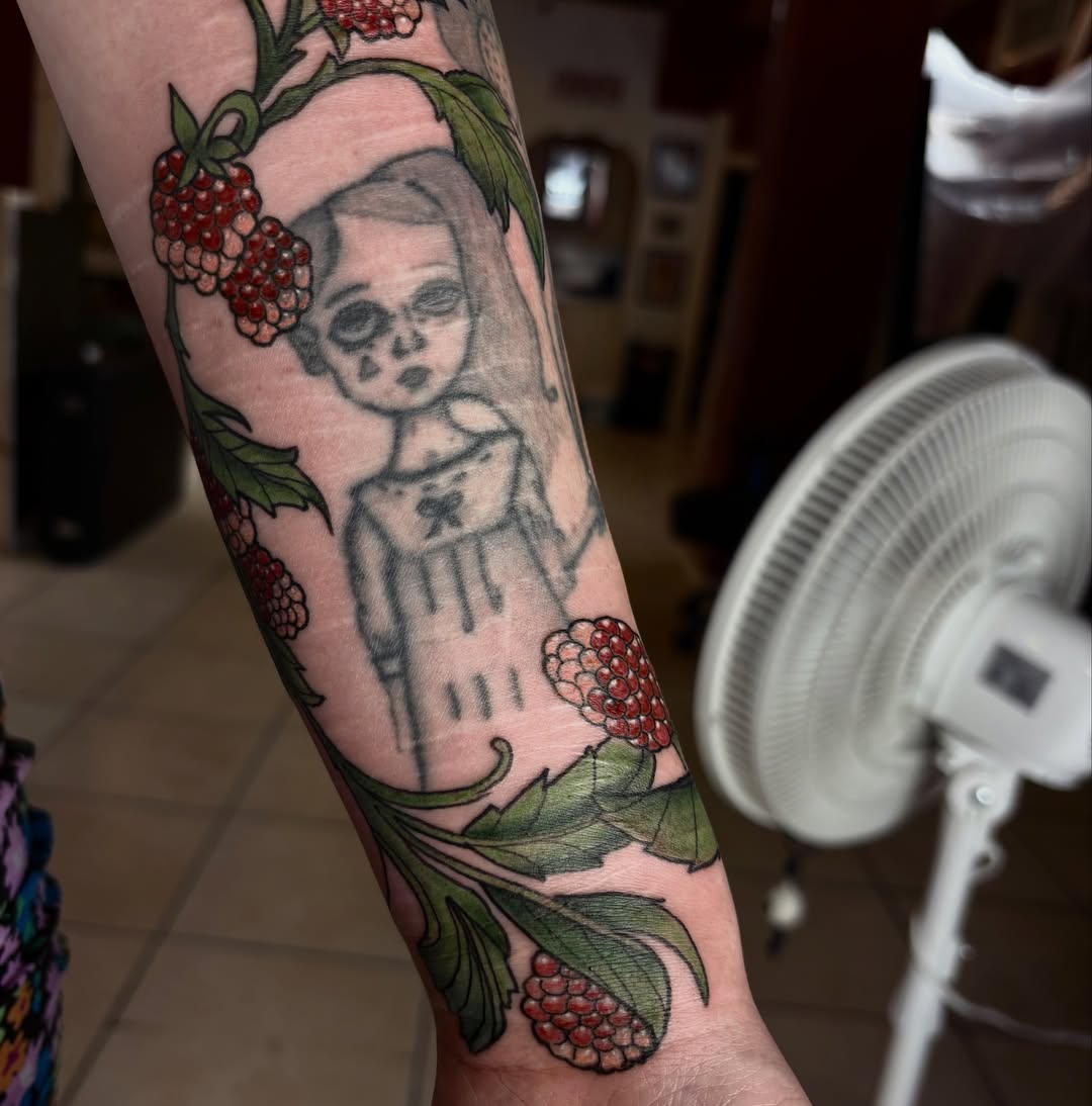 Girl with skull face American traditional tattoo on the forearm by ππ©π’π΅ππ«π‘π―π ππ¬π«π’π°