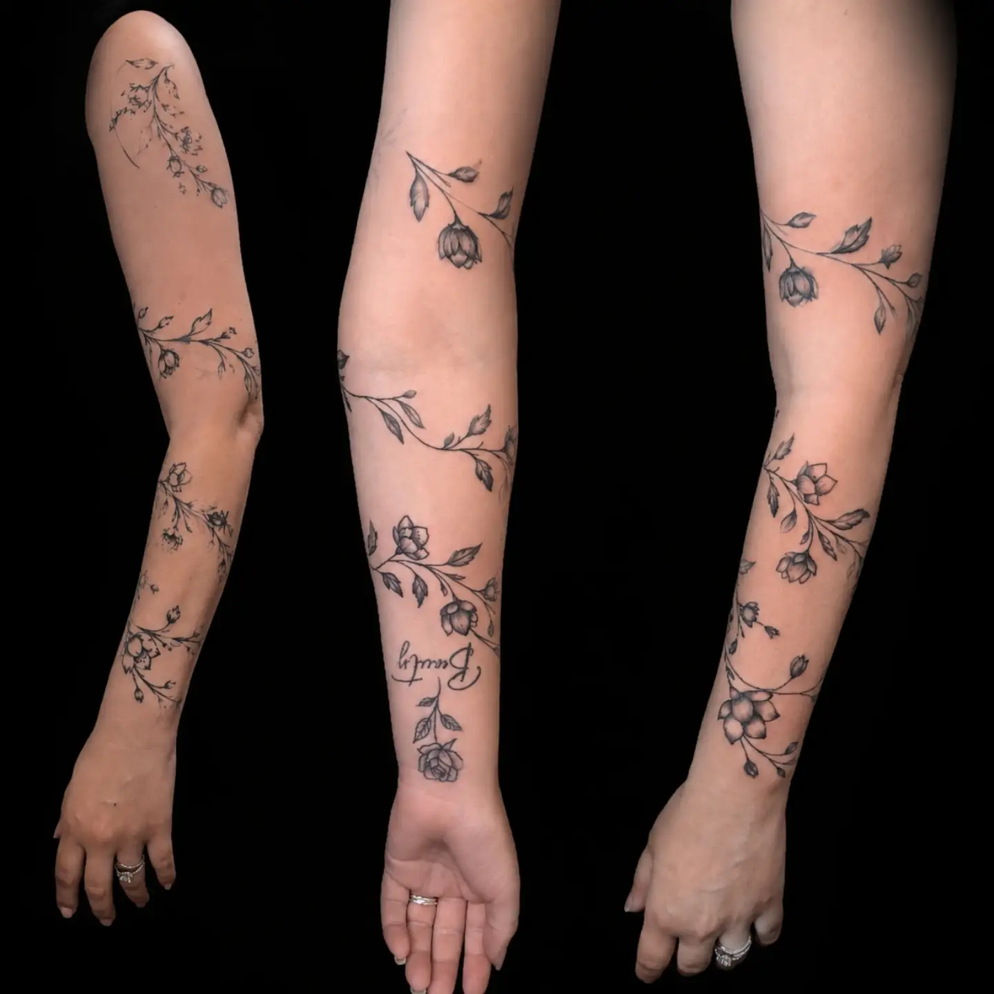 Floral vine black and grey tattoo on the forearm by Tanya Tattoota
