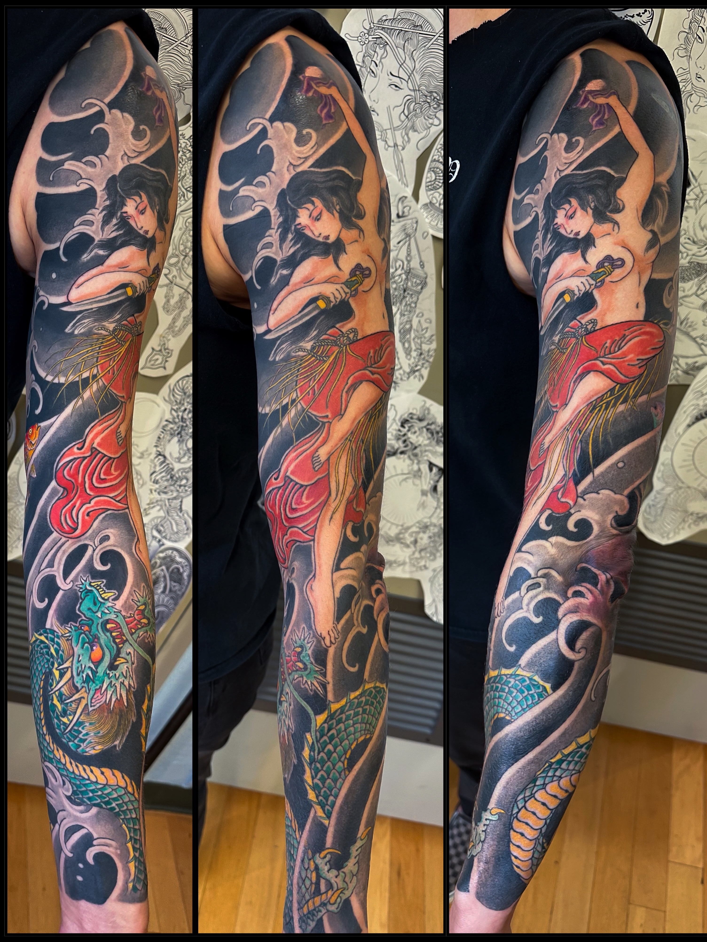 Dancer with dragon japanese irezumi tattoo on the upper arm by Colin Kenji Baker, San Jose, California