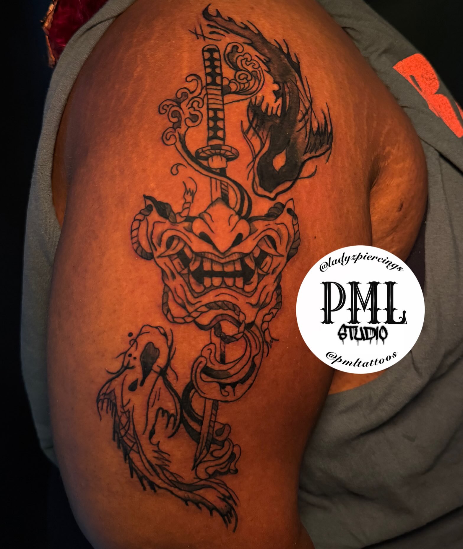 Demon mask and sword japanese irezumi tattoo on the shoulder by PMLSTUDIO ✡️ Atlanta Licensed Artist, Decatur, Georgia