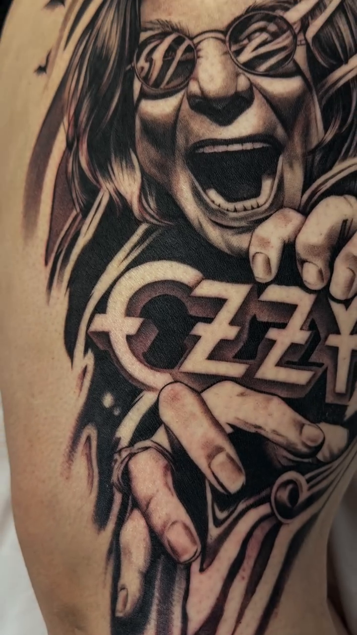 Ozzy Osbourne portrait realism tattoo by Las Vegas tattoo Artist