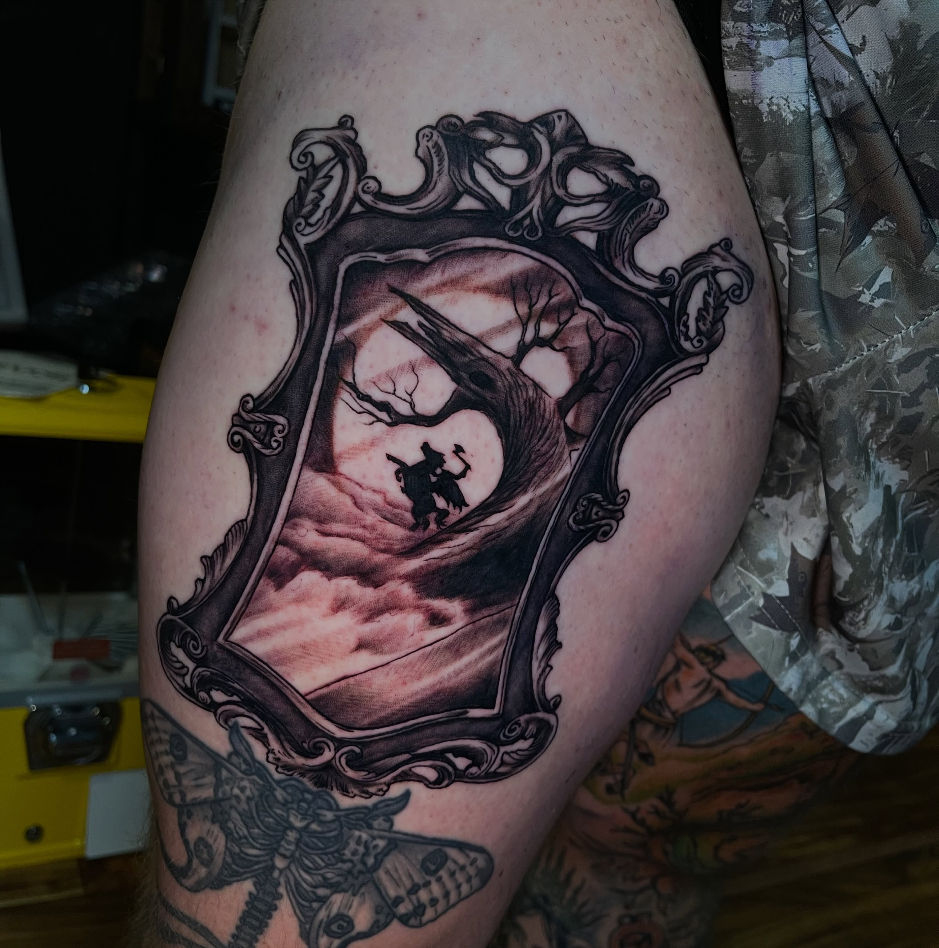 Mirror reflection realism tattoo on the thigh by Blake Alan Tattoos (TROUT)