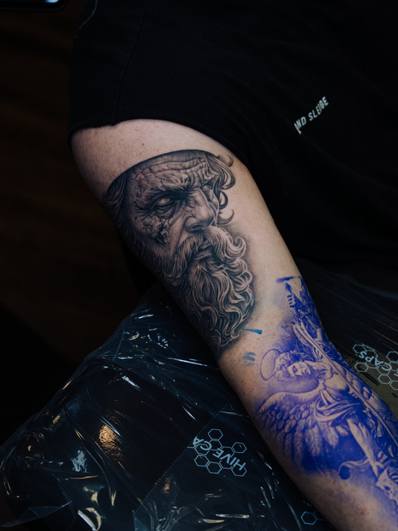 Bearded man black and grey tattoo on the forearm by Ray Paponetti - Tattoo Artist Delray Beach