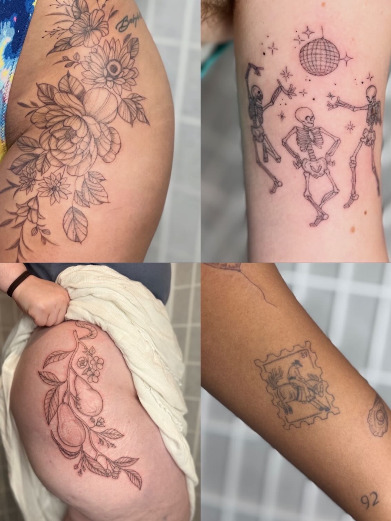 Flower bouquet black and grey tattoo on the upper arm by Dama