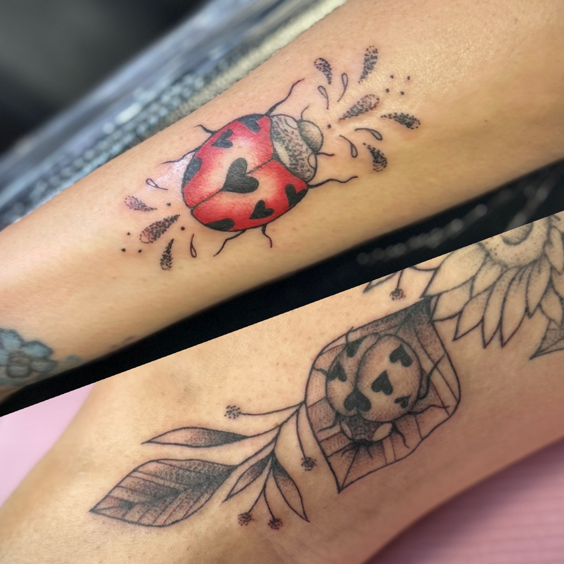 Ladybug dotwork tattoo on the forearm by Browtique & Ink, Clearwater, Florida