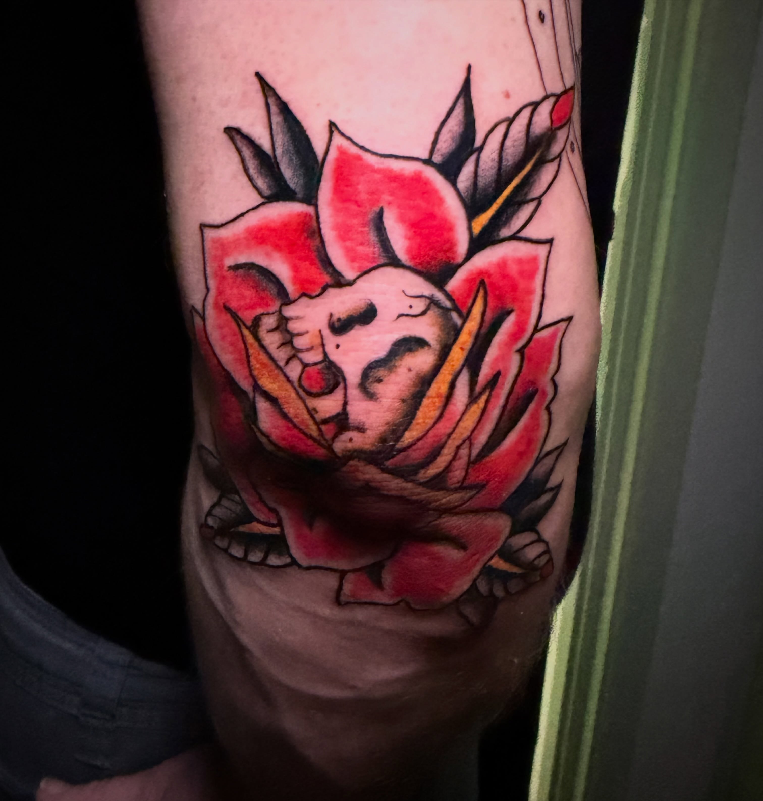 Rose with skull American traditional tattoo on the forearm by Giuseppe T.C.