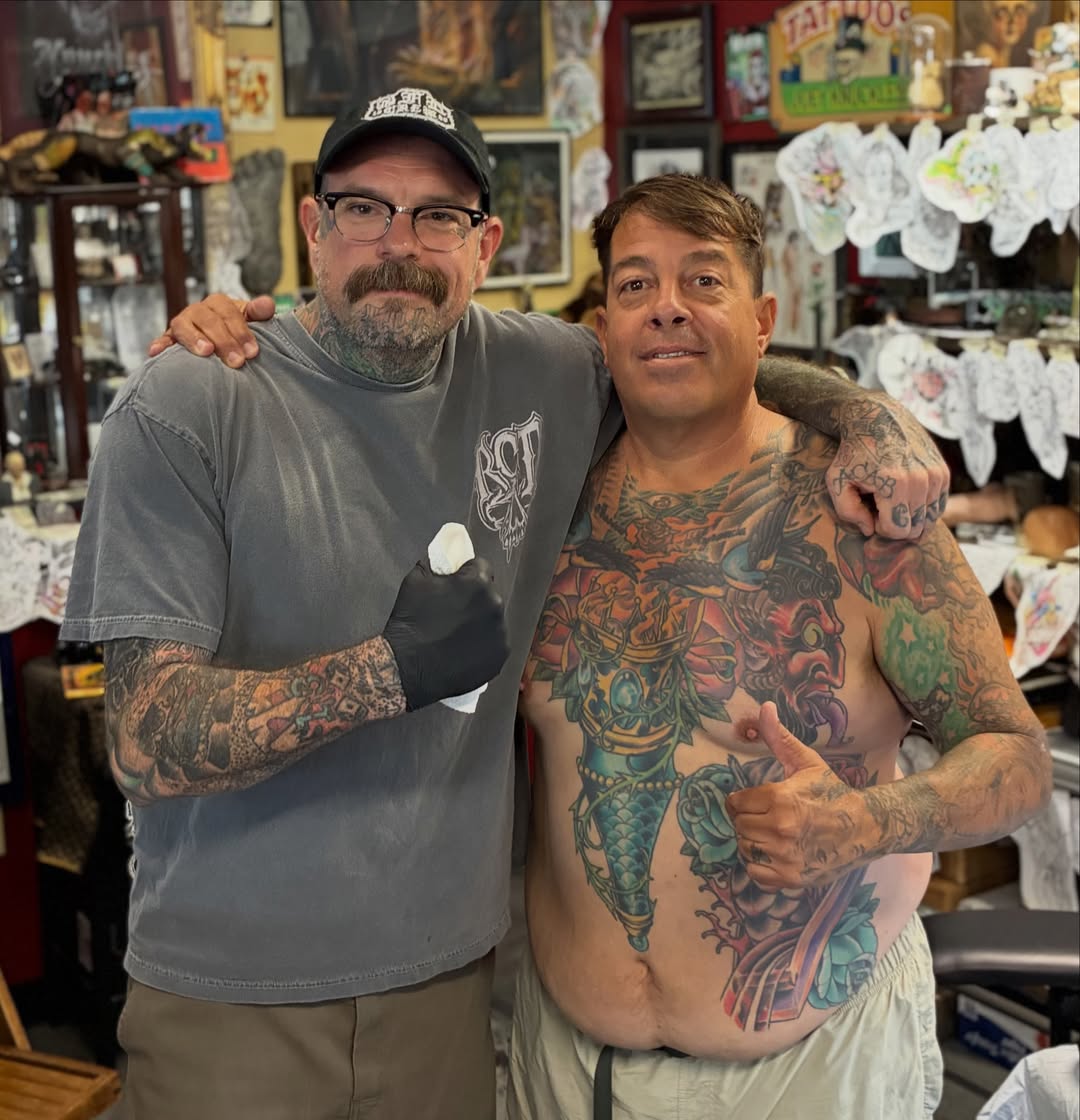 Warrior American traditional tattoo on the chest by Joey Knuckles