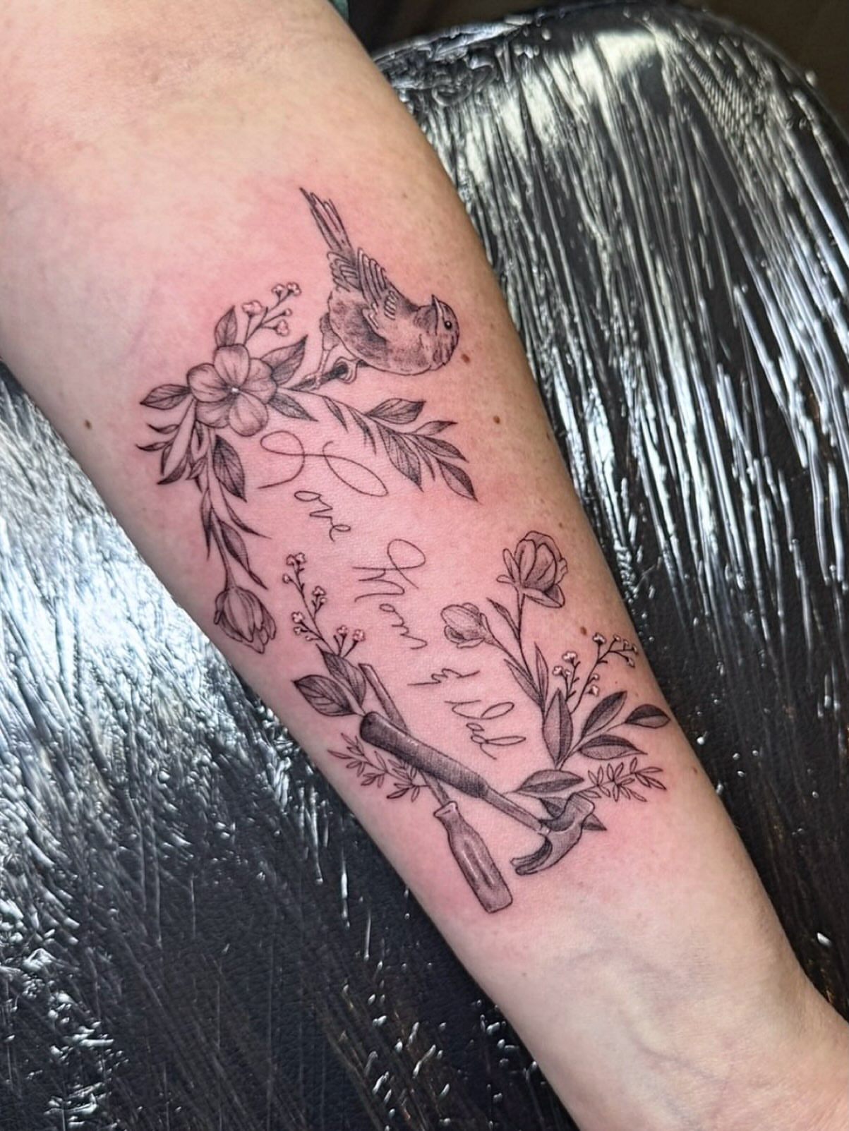 Bird and floral arrangement ornamental tattoo on the forearm by βπ¬π―π’πΆ