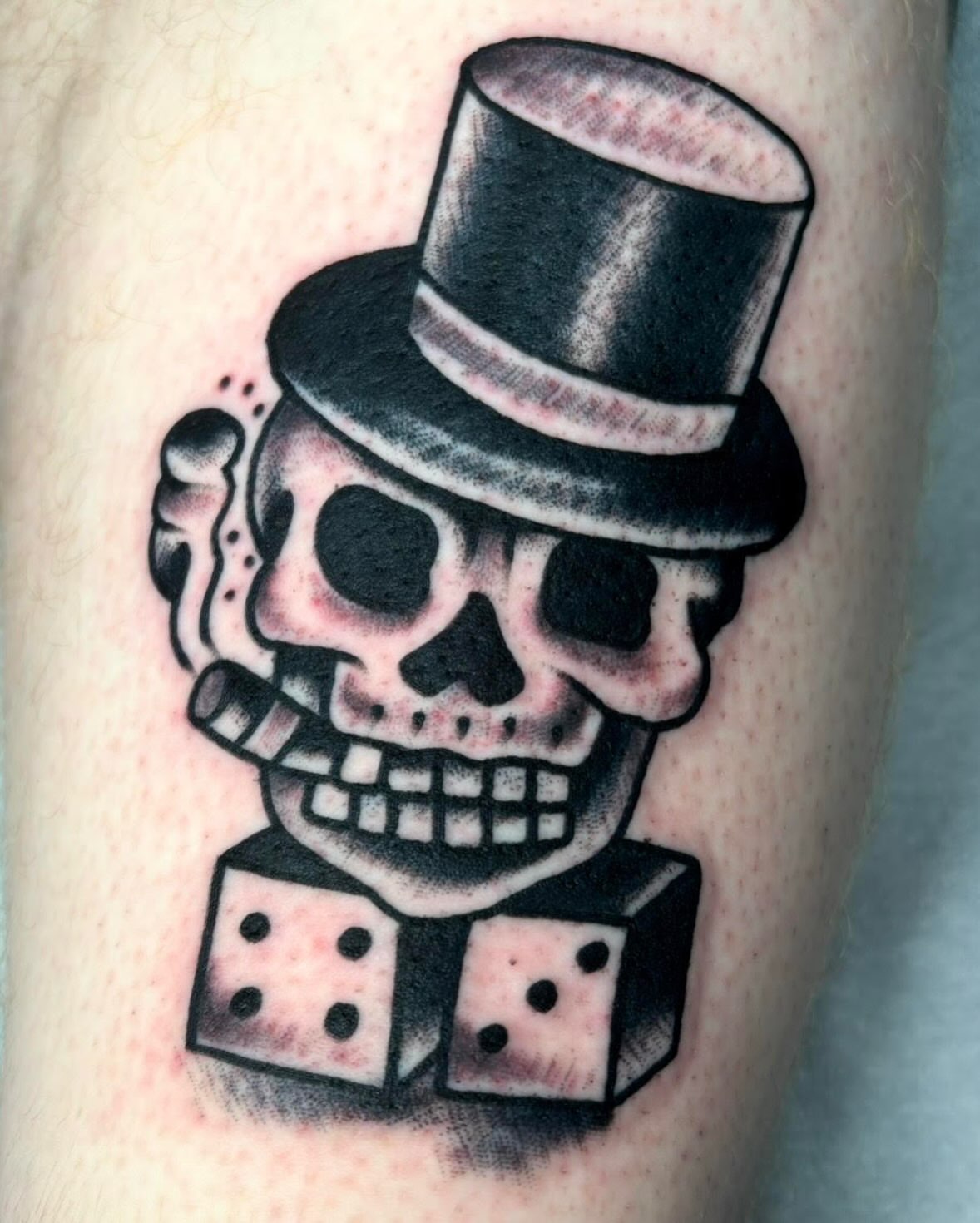 Skull with top hat American traditional tattoo on the forearm by ~pooty~