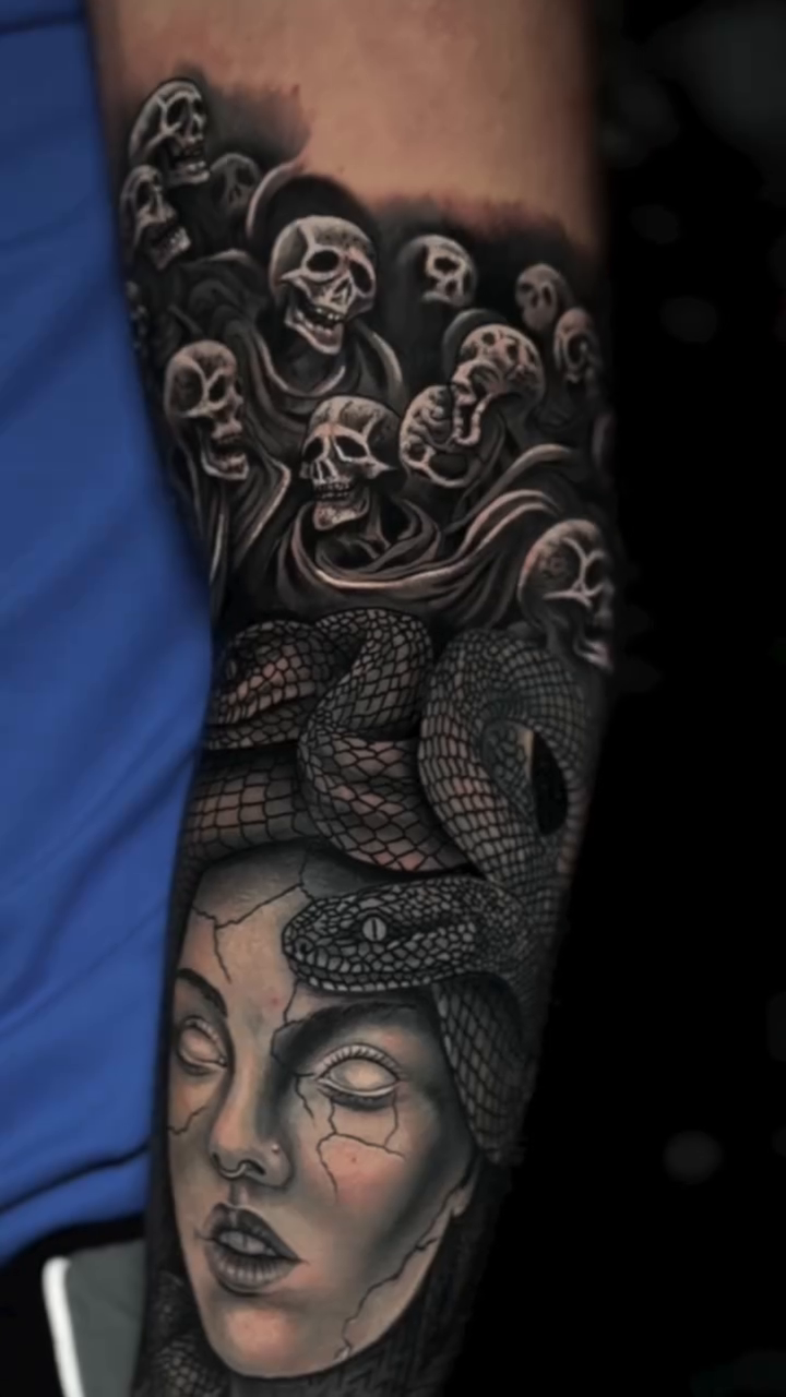 Medusa with snakes and skulls realism tattoo by Francis nieves, Miami, Florida