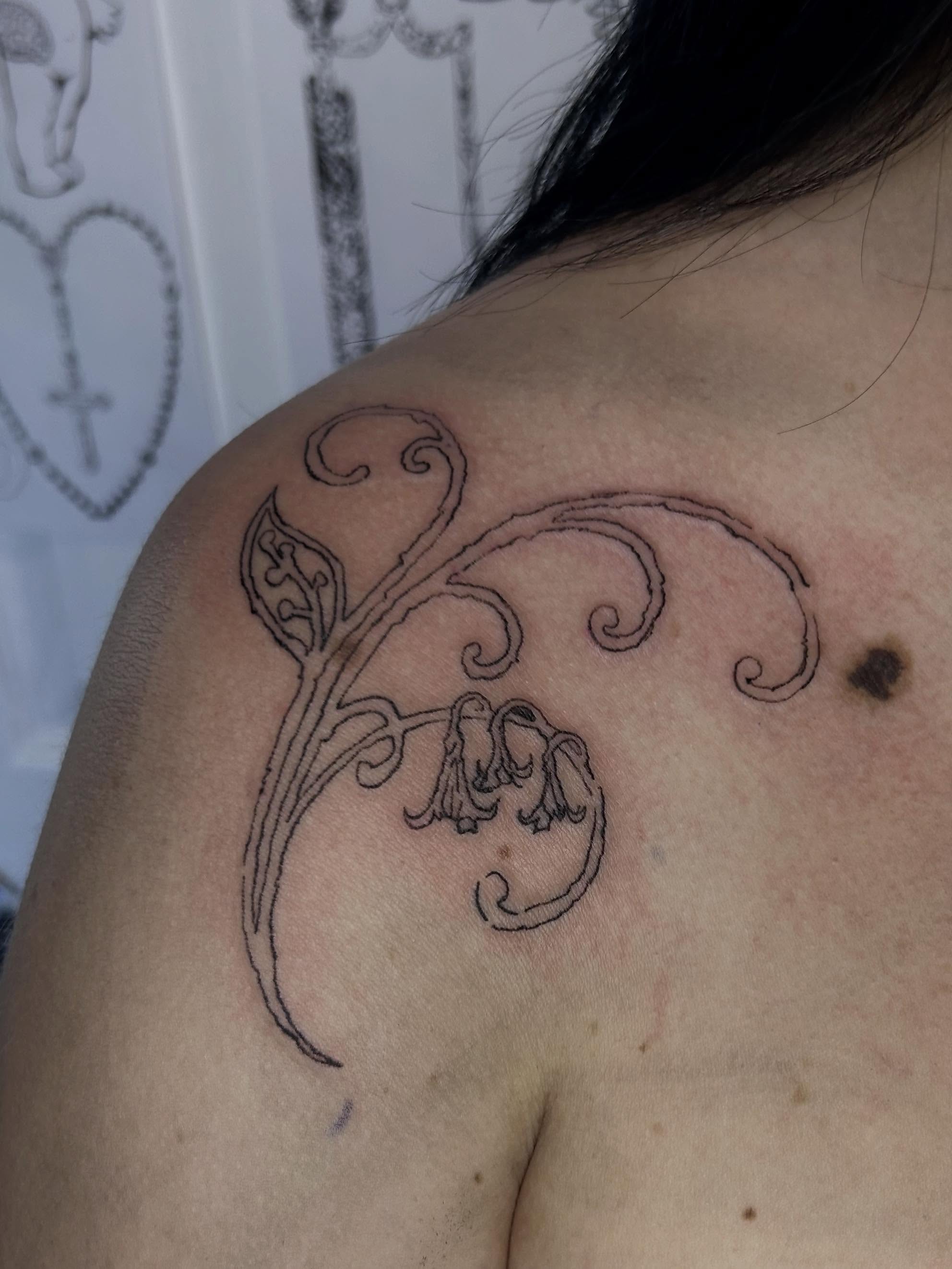Bell flowers ornamental tattoo on the shoulder by (isa)ac ૮₍ ˃̵ࡇ˂̵ ₎ა