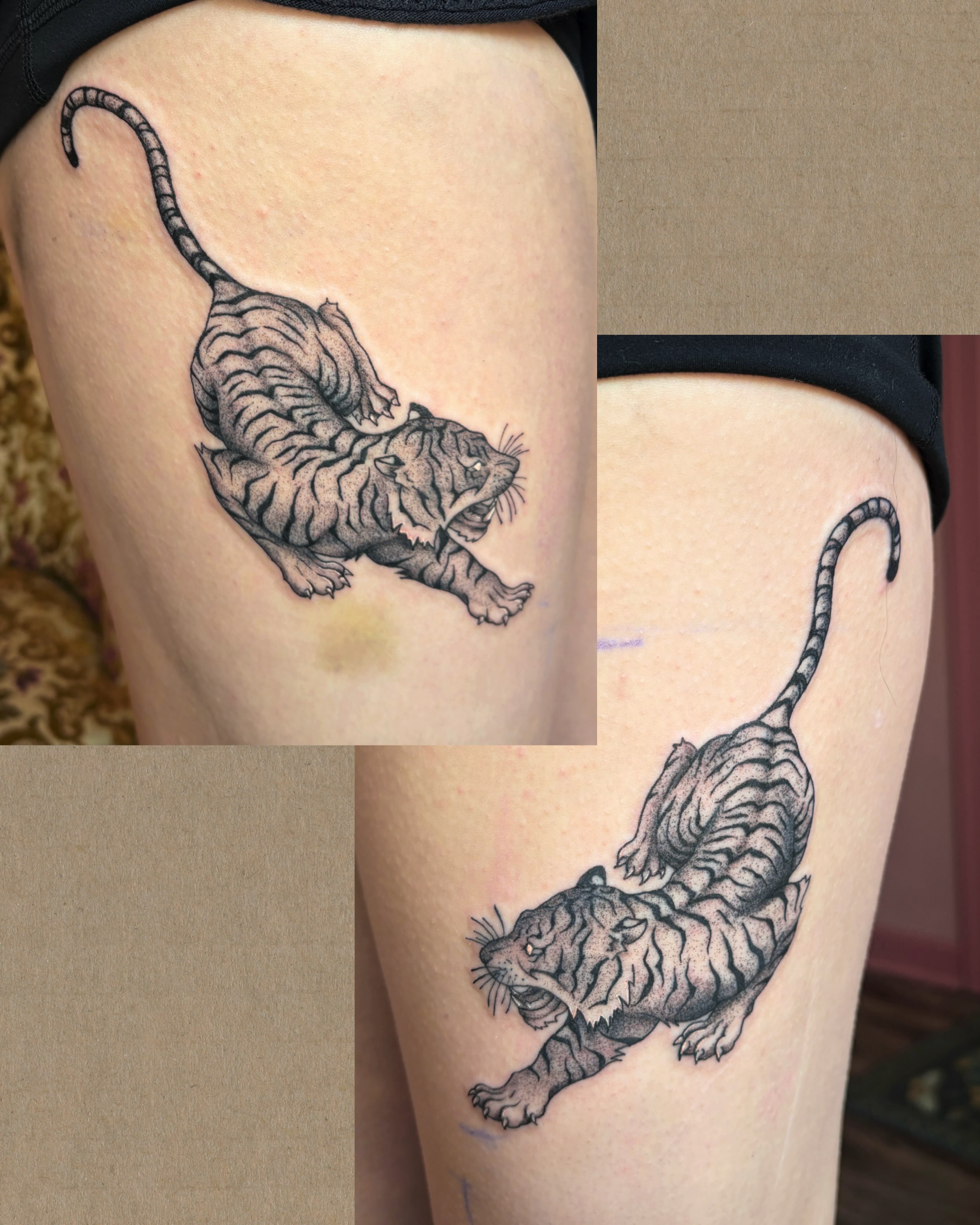 Tiger dotwork tattoo on the thigh by Mary Hannah Sosdian