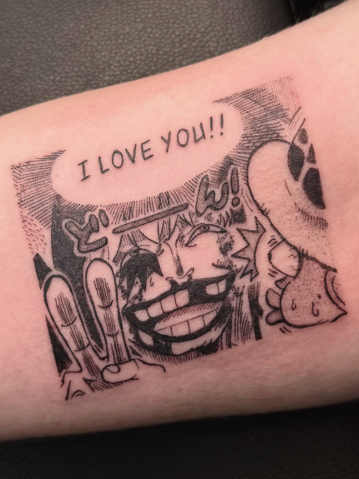 I love you!! black and grey tattoo on the forearm by Key