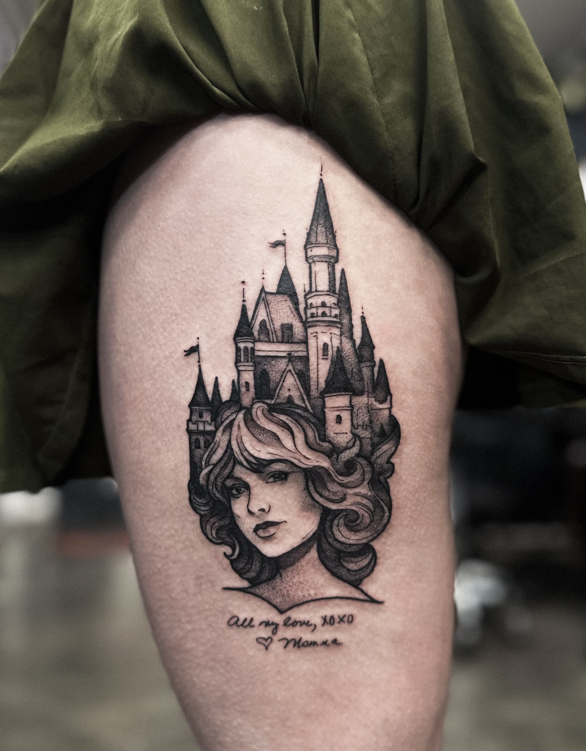 Castle and woman realism tattoo on the thigh by Elvira Savchuk