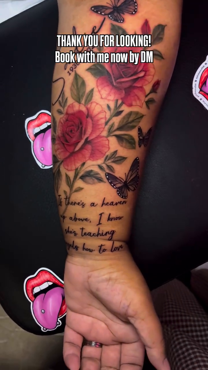 Roses and script realism tattoo by Doll The Tattoo Artist, Addison, Texas