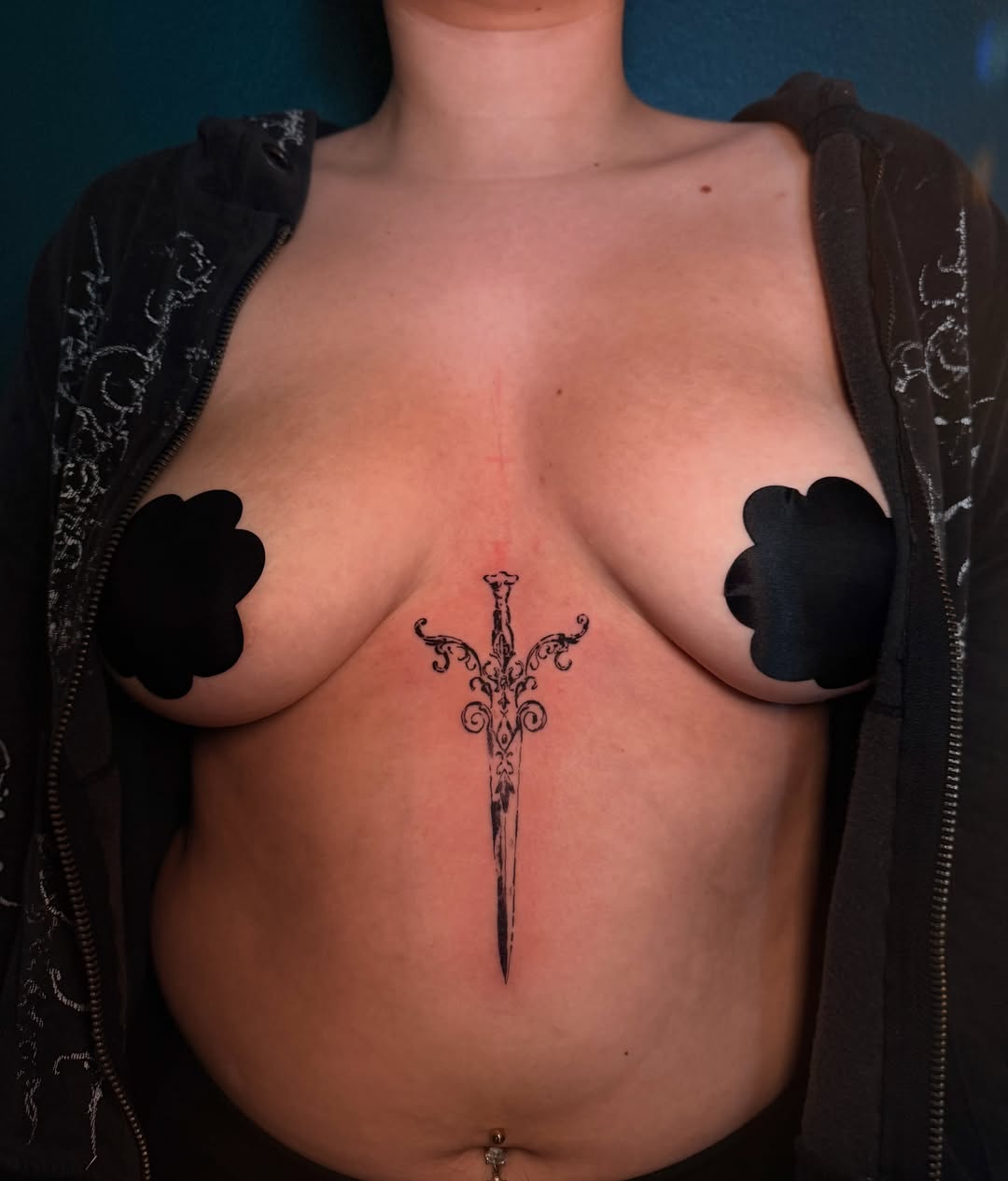 Sword black and grey tattoo on the chest by elisa!  ✶ illustrative blackwork tattoo