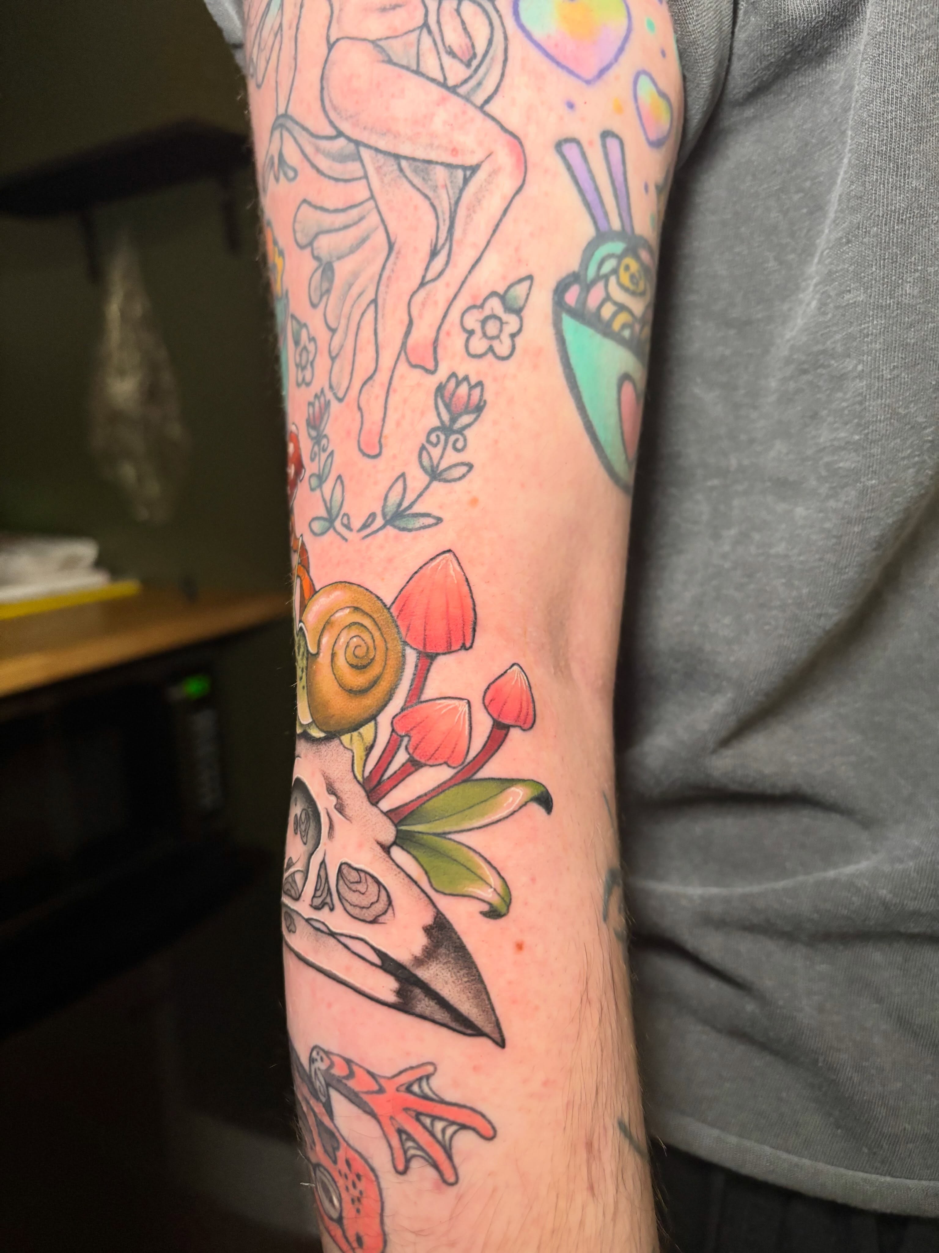 Mushroom and skull new school tattoo on the forearm by Wren Hollow, Portland, Oregon
