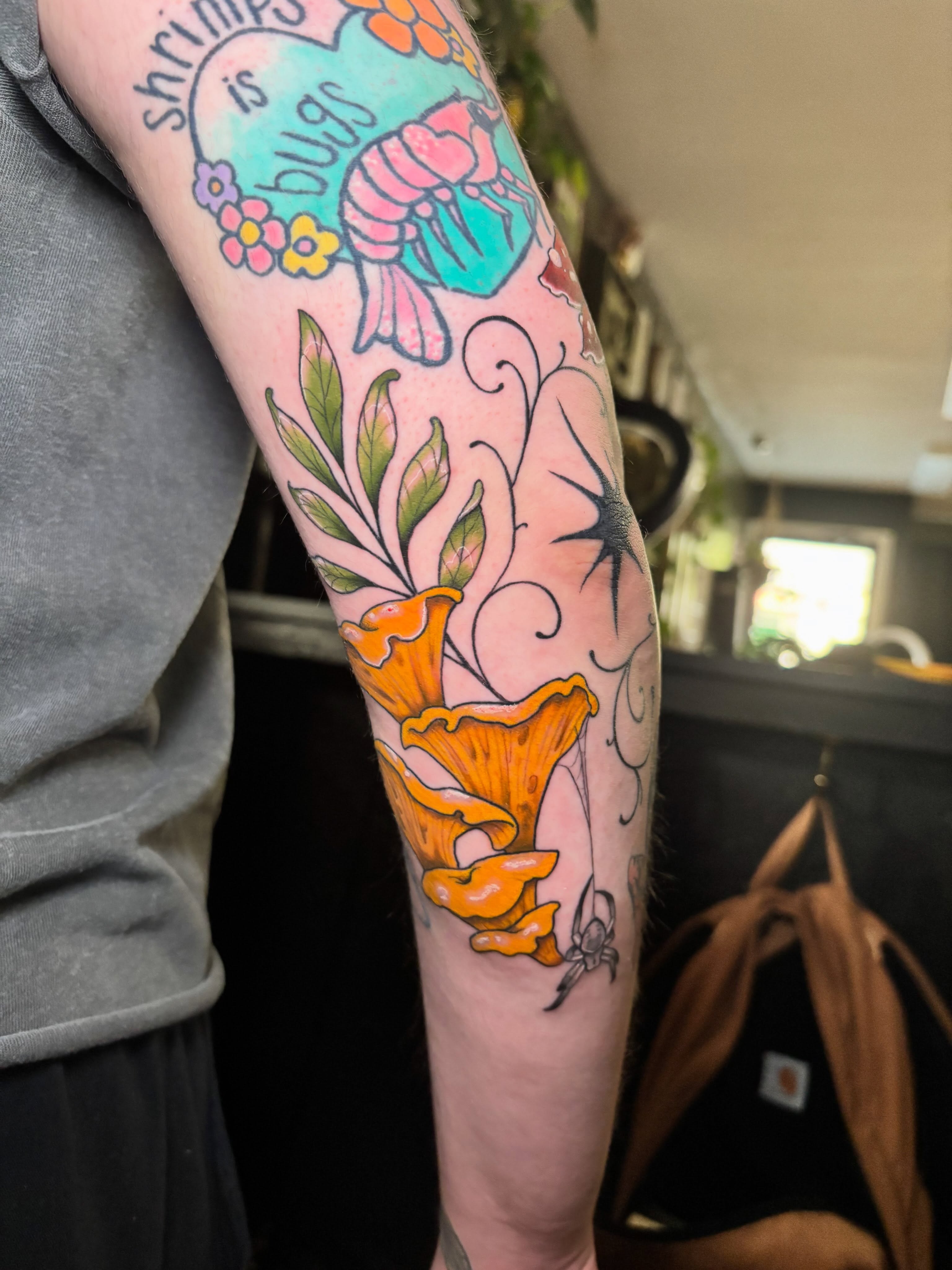 Shrimp and mushrooms new school tattoo on the forearm by Wren Hollow, Portland, Oregon