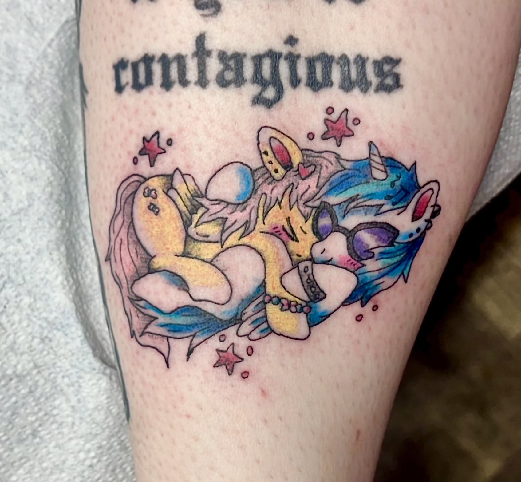 Mermaid and rabbit new school tattoo on the thigh by ✮ ✄ star ✮ ✄