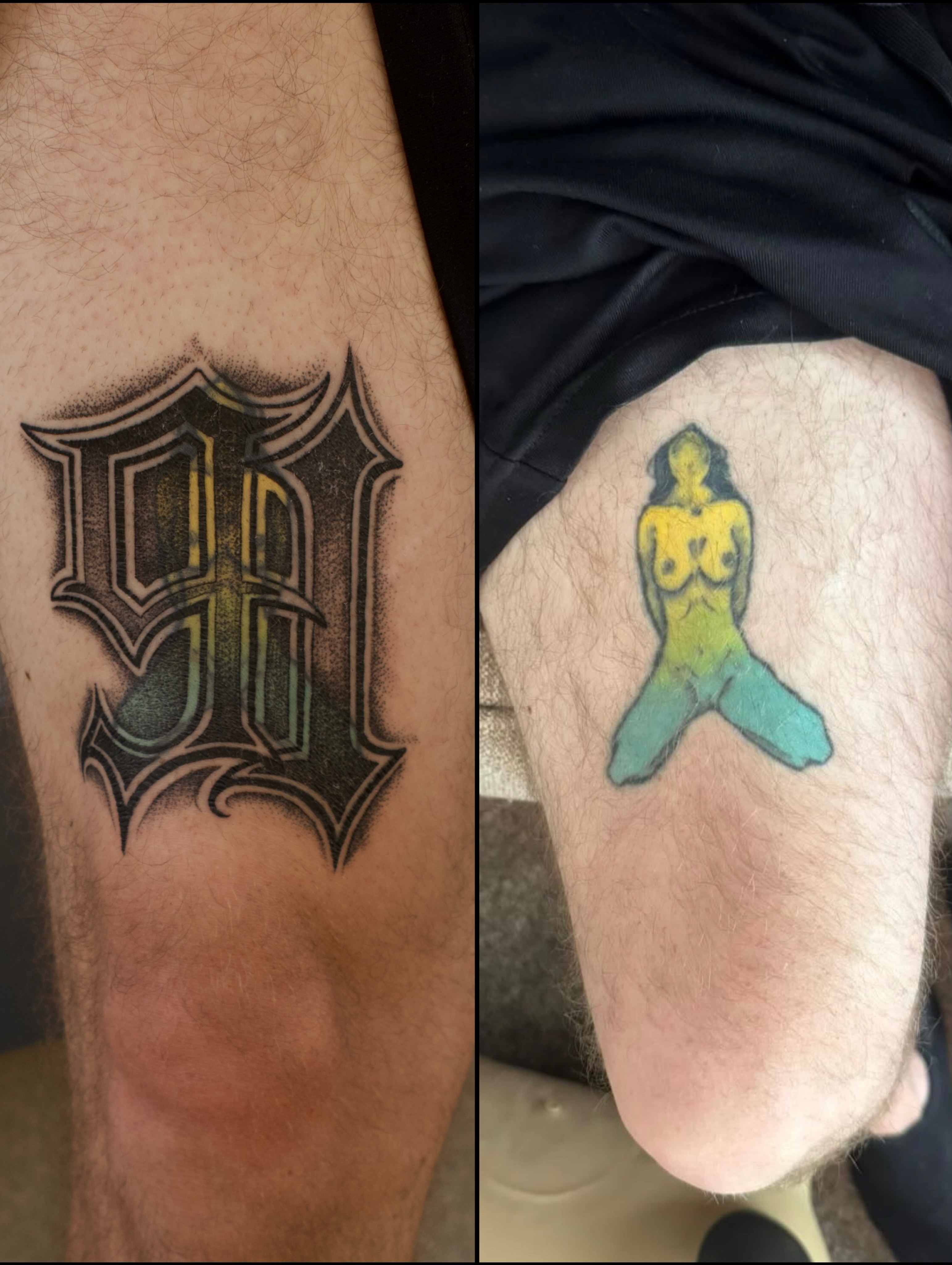 Mermaid new school tattoo on the thigh by Kevin Rotramel, Dayton, Ohio
