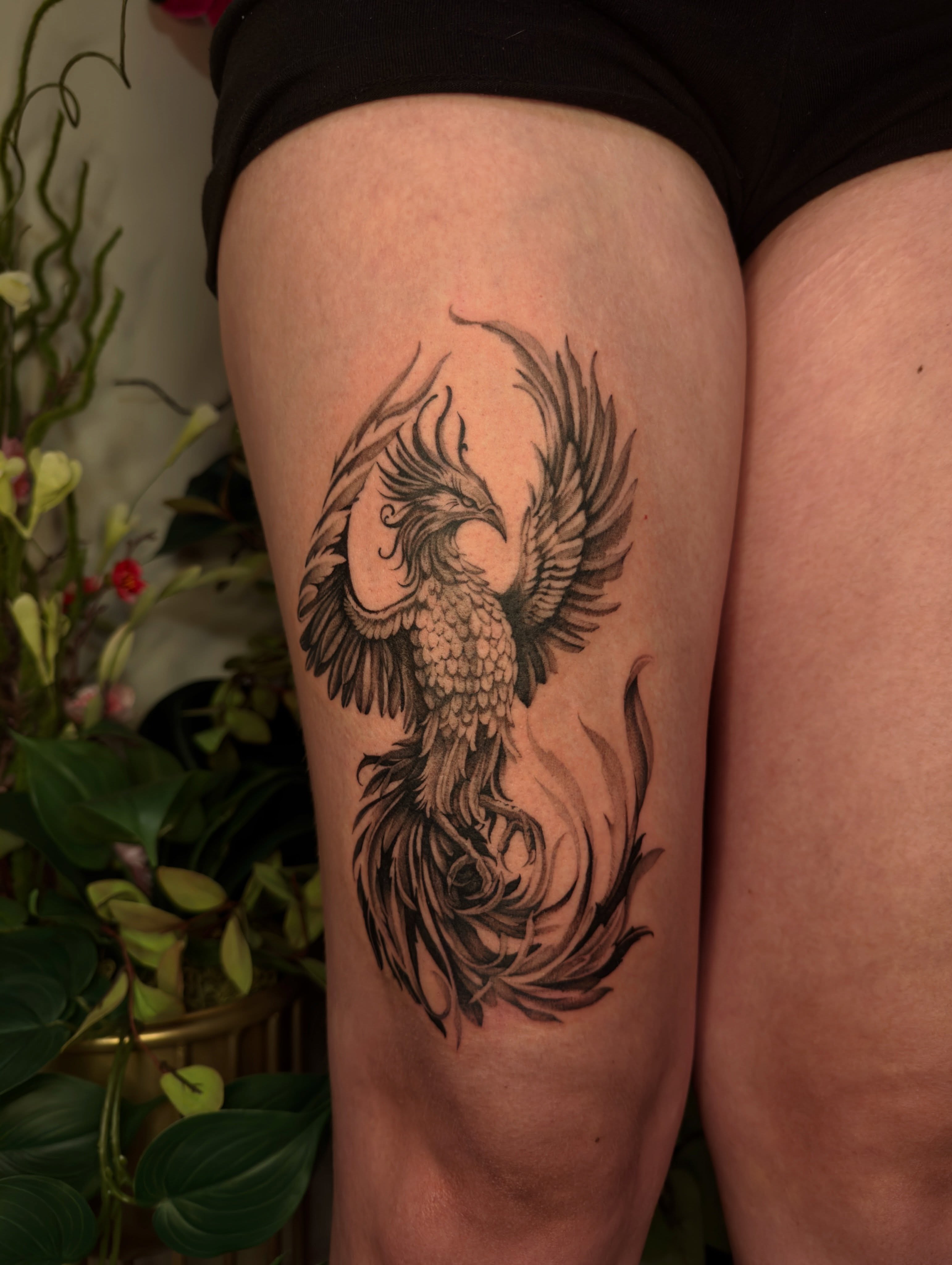 Phoenix black and grey tattoo on the thigh by 𝙷𝚊𝚒𝚕𝚎𝚢 𝙷𝚊𝚛𝚎𝚗 ✯ 𝙽𝙴 𝙾𝚑𝚒𝚘 𝚃𝚊𝚝𝚝𝚘𝚘 𝙰𝚛𝚝𝚒𝚜𝚝