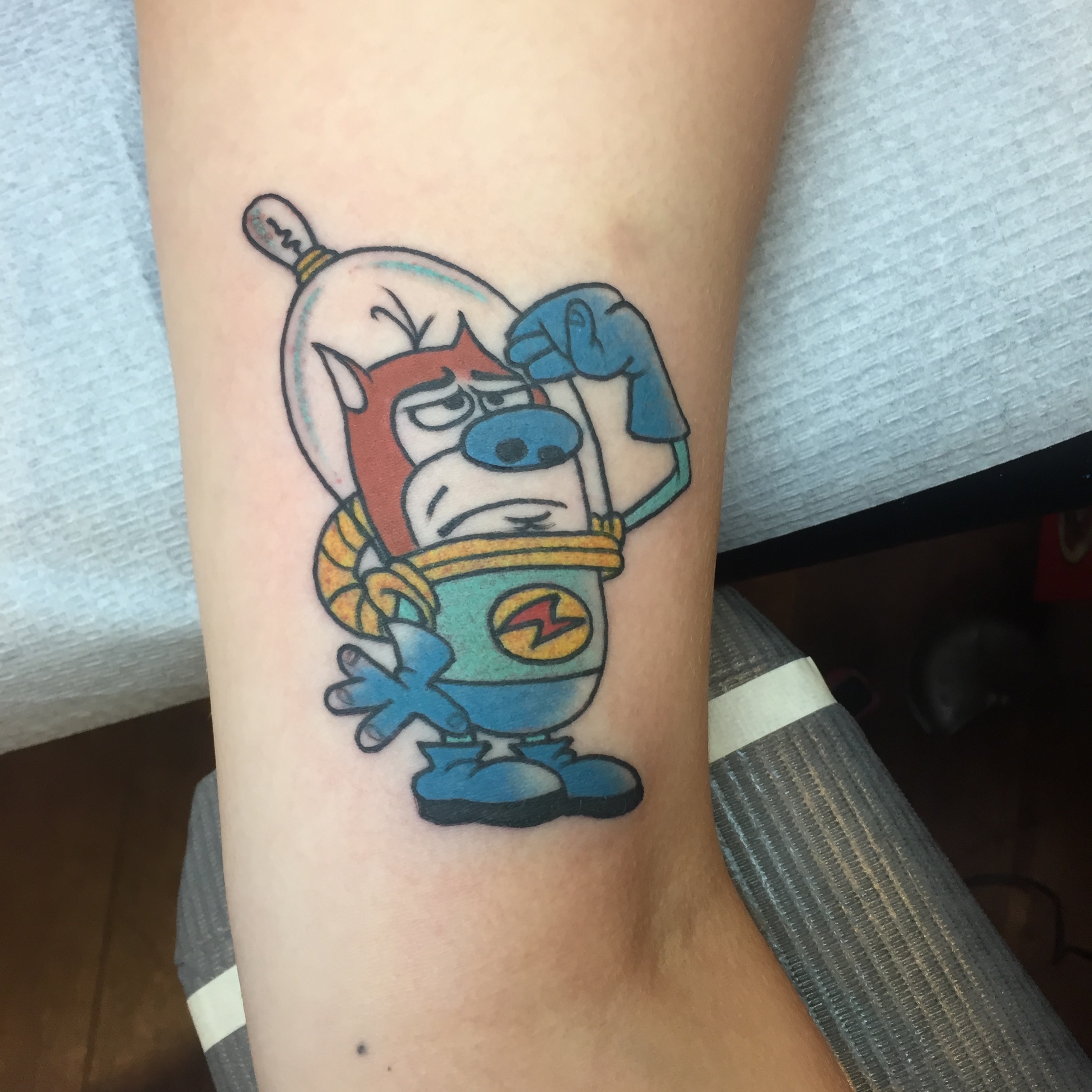 Ice cream cone character new school tattoo on the forearm by Ramsie Segura-Andrews