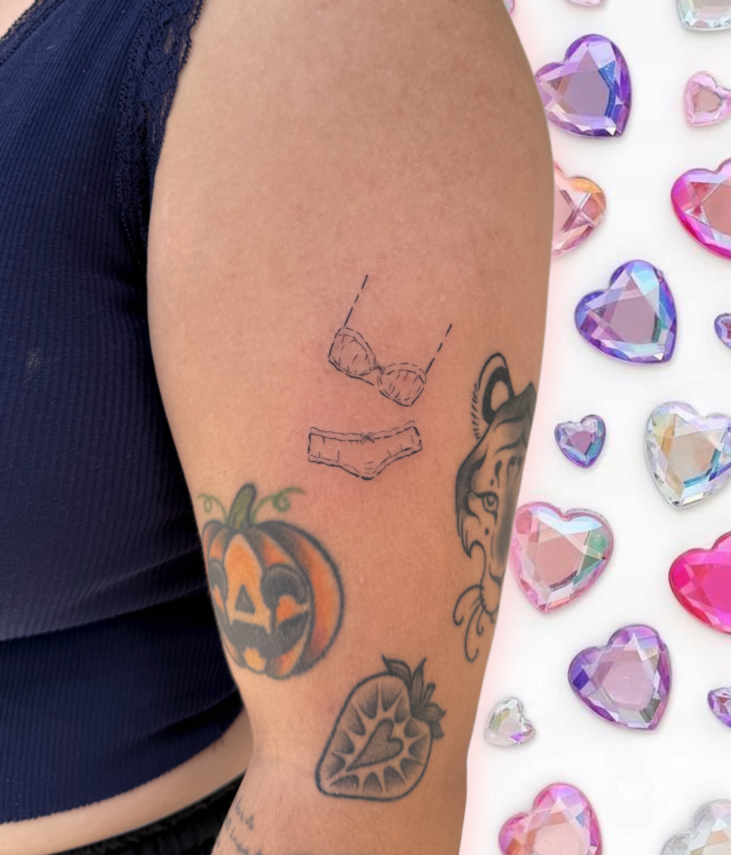 Pumpkin, strawberry, glasses, cat American traditional tattoo on the forearm by : *✧･ﾟ:* camryn  *:･ﾟ✧:
