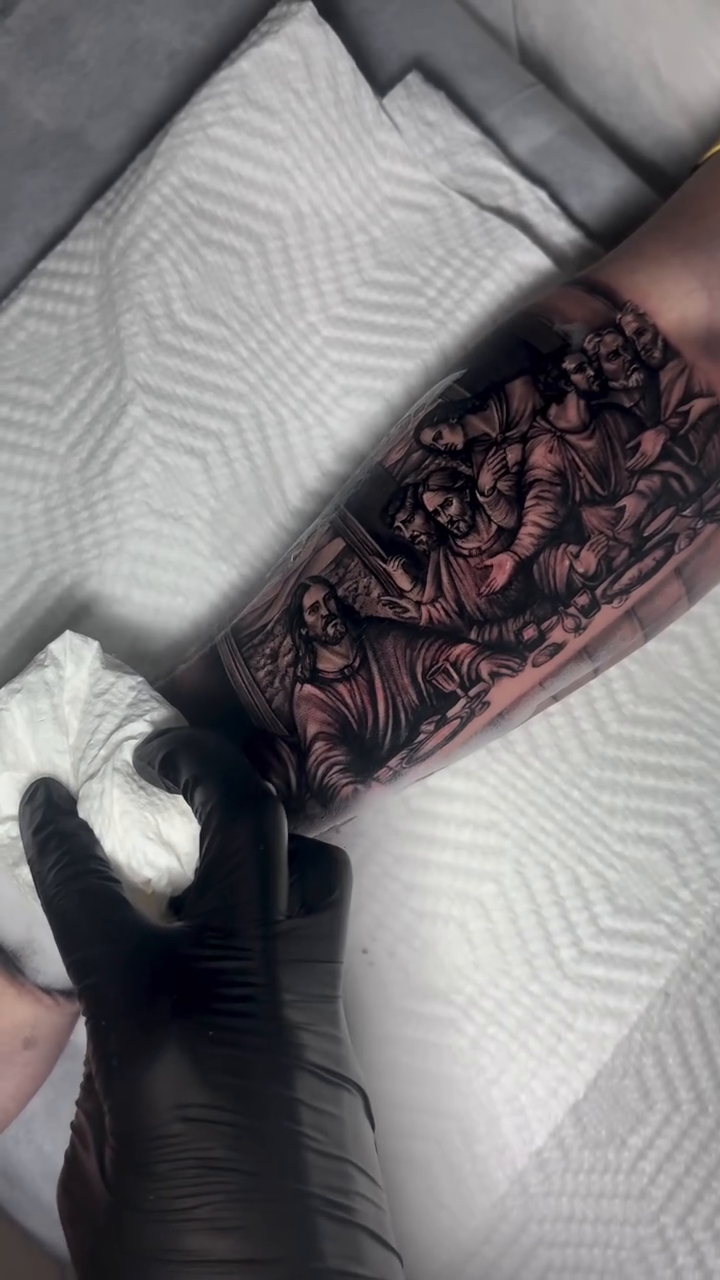Demonic figures and skulls dark realism tattoo by Georgianna Ink, Las Vegas, Nevada