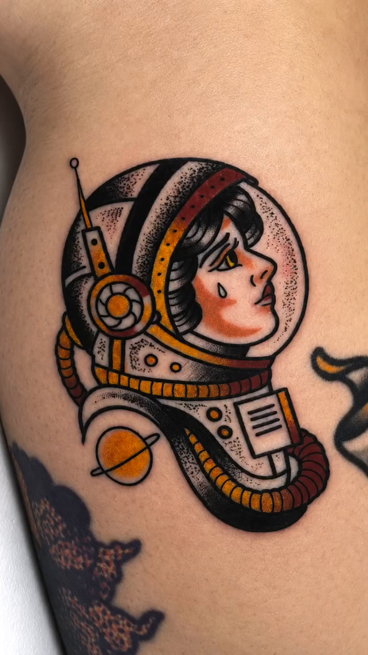 Astronaut woman American traditional tattoo by Todd Showdown