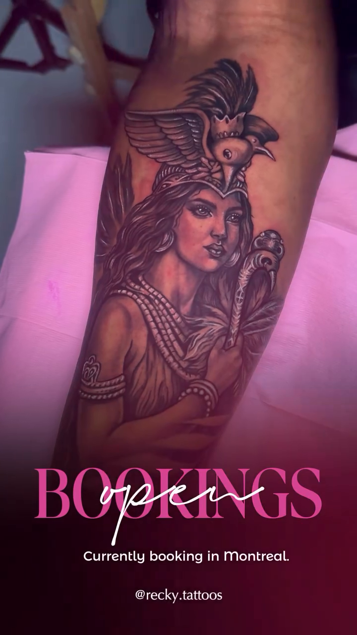 Woman with bird headdress realism tattoo by Montreal Tattoo Artist