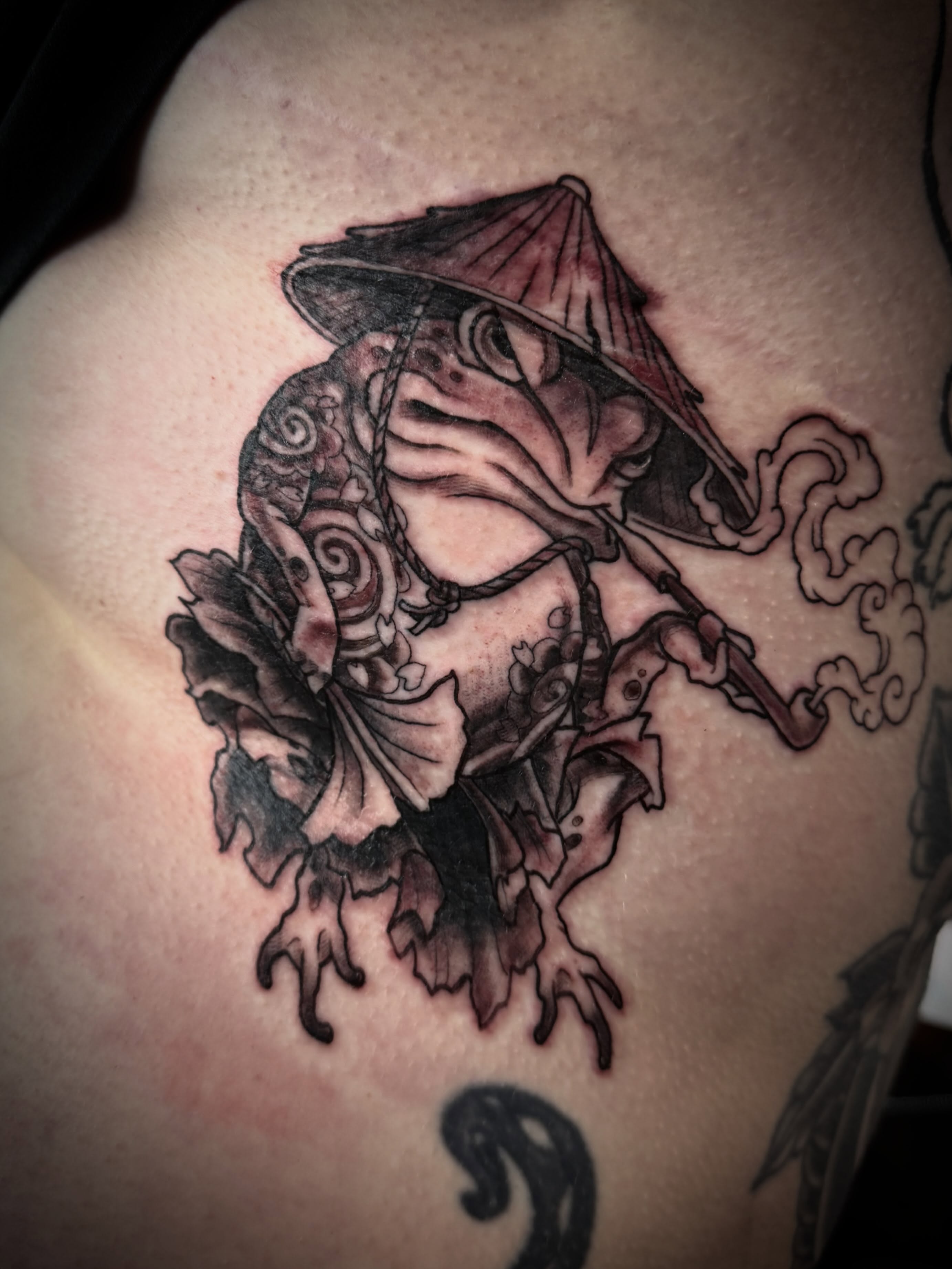 Frog wearing a hat japanese irezumi tattoo on the shoulder by Cory Haberman