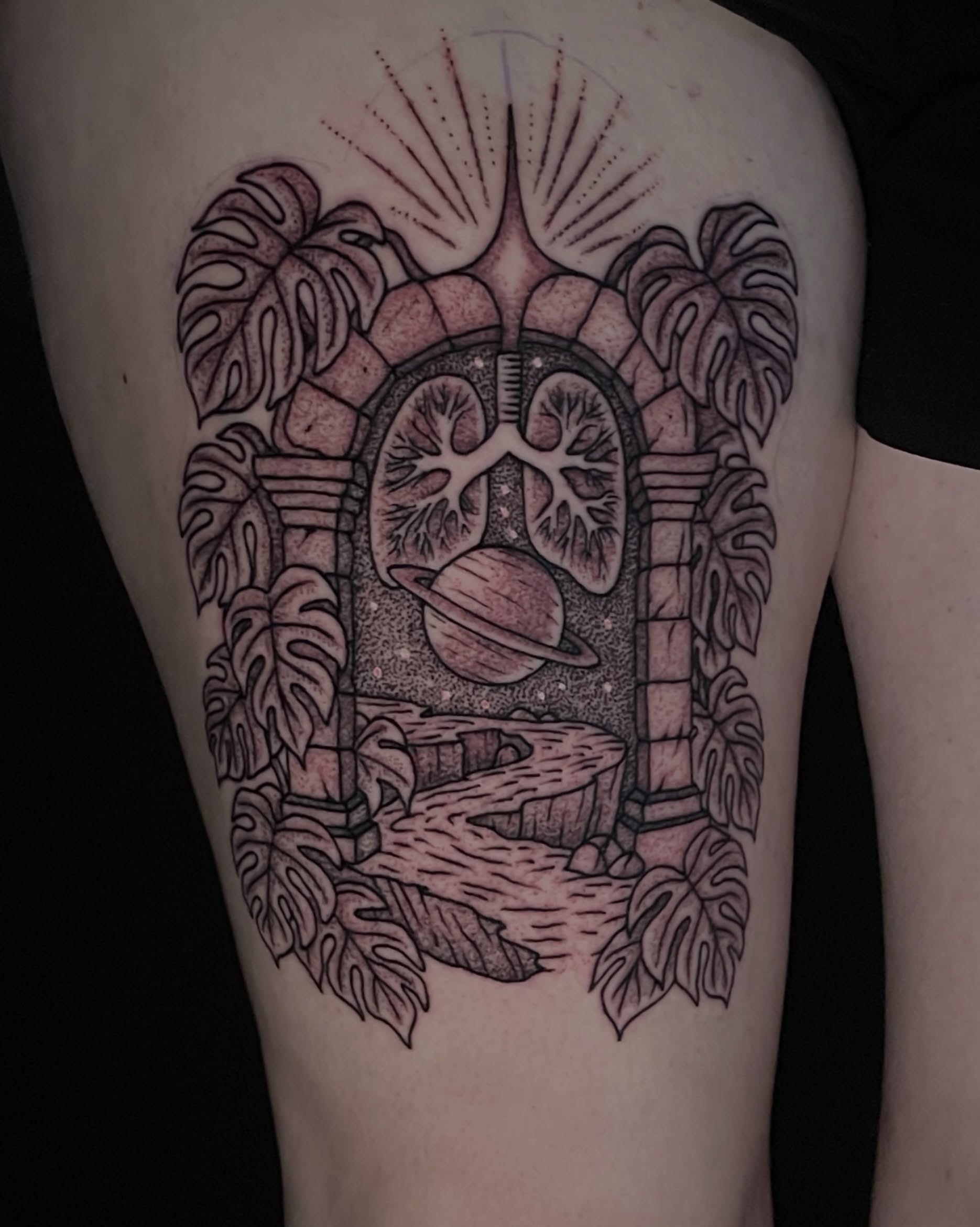 Astronomical landscape dotwork tattoo on the thigh by Austin Clark