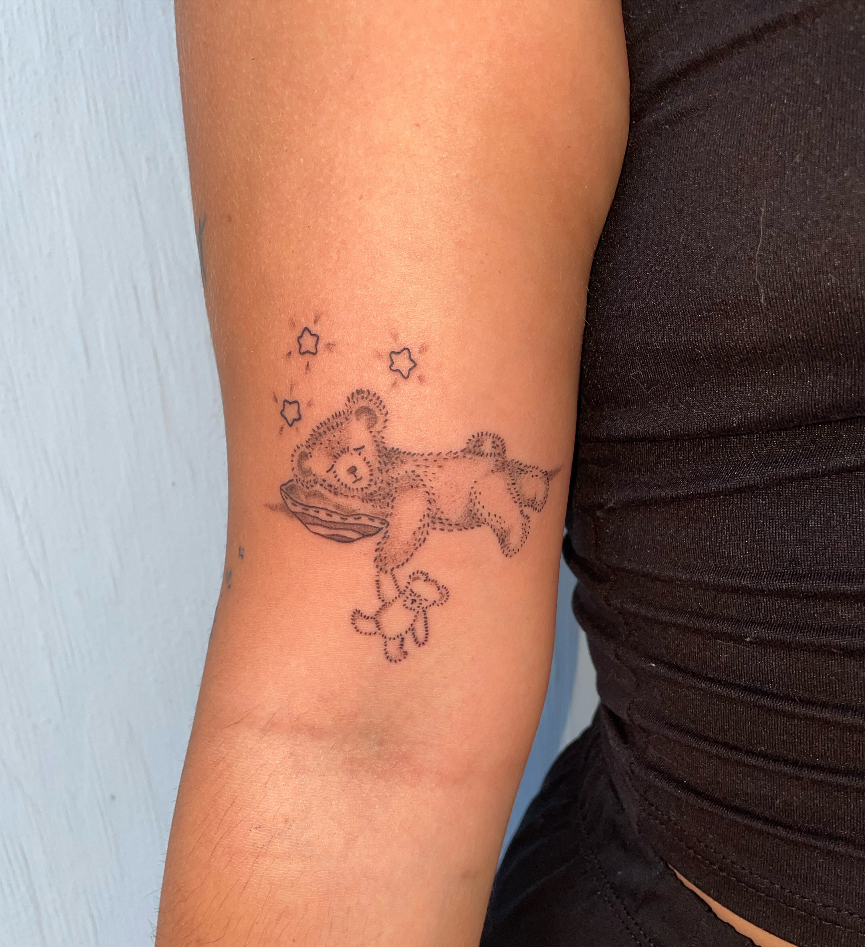 Teddy bear dotwork tattoo on the forearm by ‧₊˚ ☁️⋅♡ ‧₊