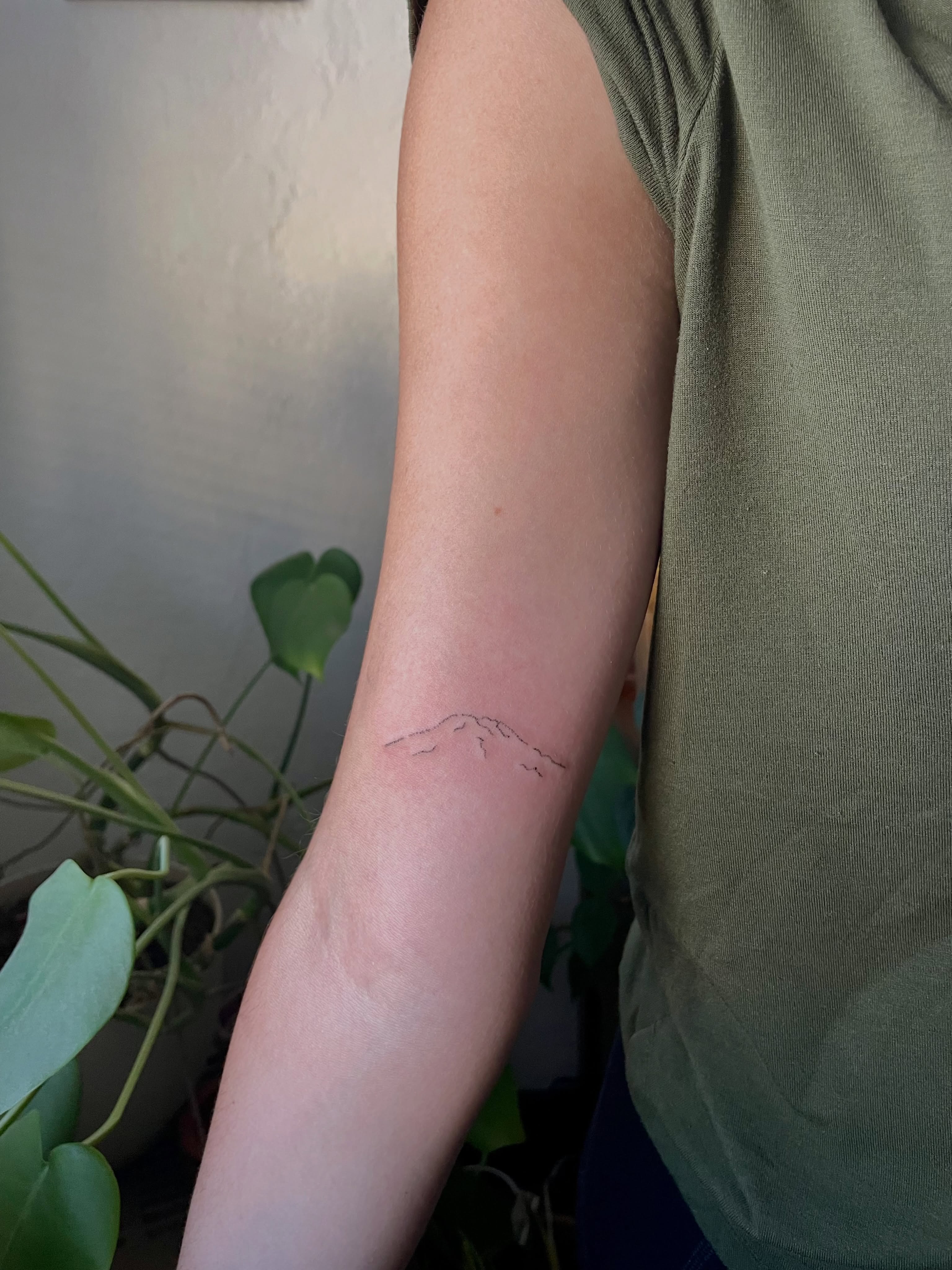 Mountain fine line tattoo on the forearm by Alyssa