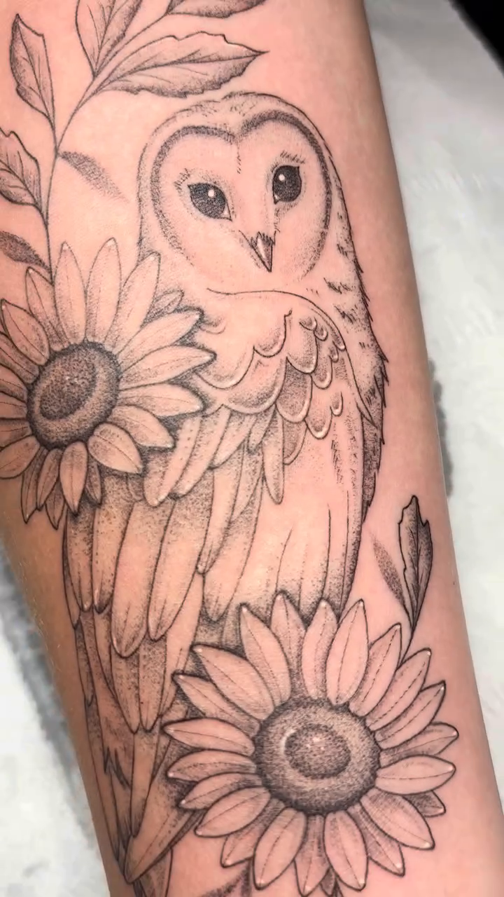 Owl and sunflowers realism tattoo by Charlotte Brown, Leeds, England