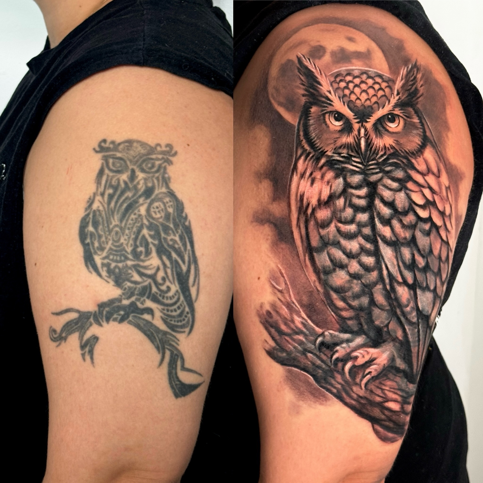 Owl realism tattoo on the shoulder by Morgan Andres Soto