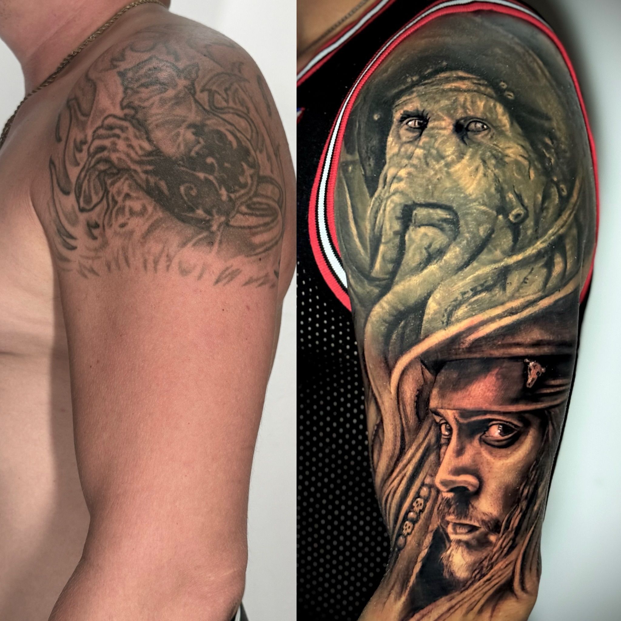 Pirate realism tattoo on the shoulder by Morgan Andres Soto