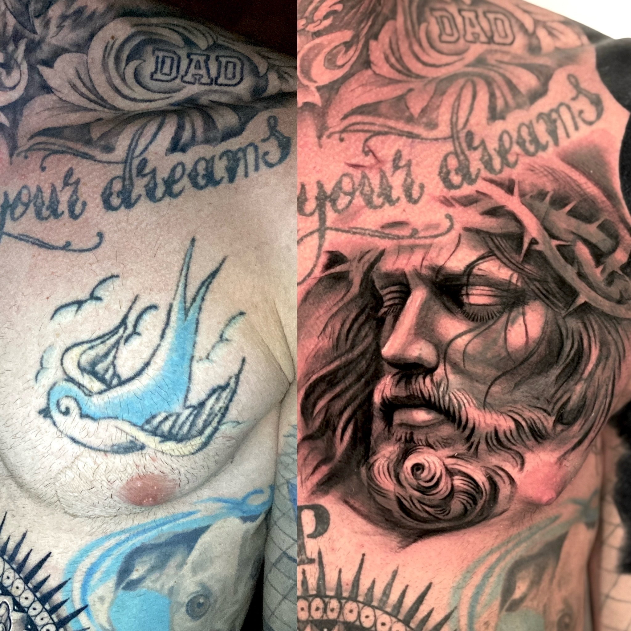 Religious figure realism tattoo on the chest by Morgan Andres Soto