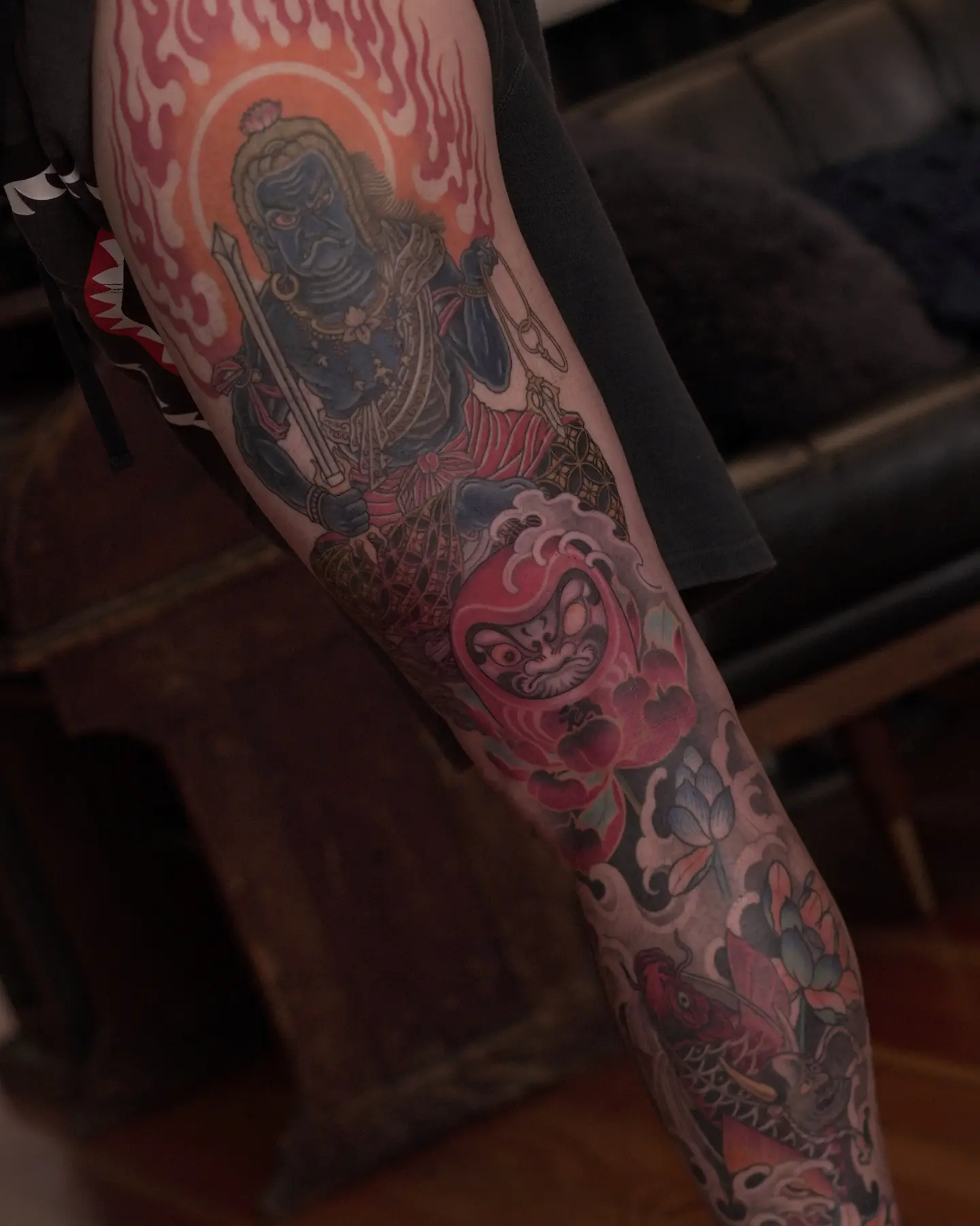 Warrior and mask japanese irezumi tattoo on the forearm by zamix_traditional, San Francisco, California