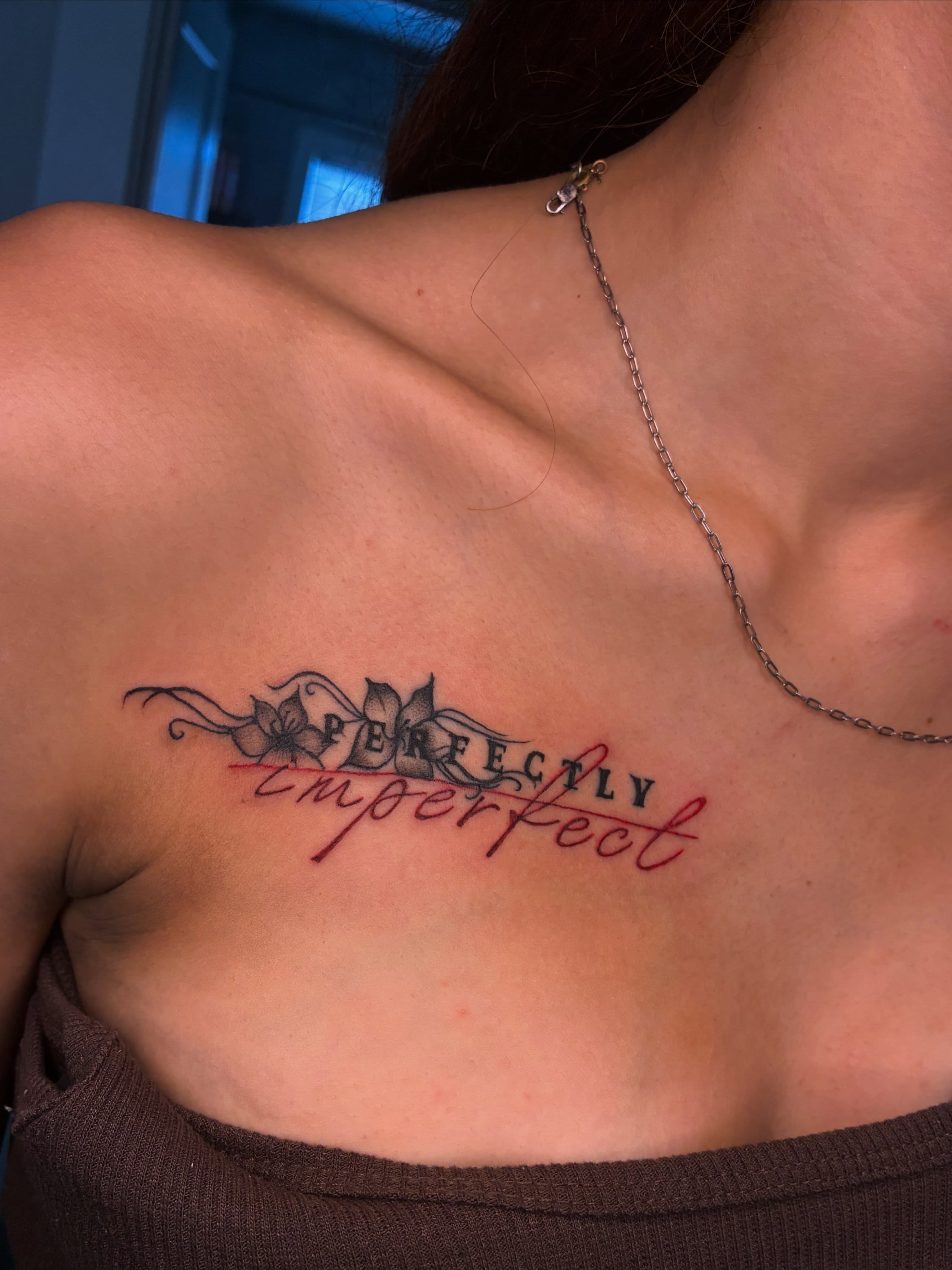 Perfectly imperfect lettering script tattoo on the chest by ɪɪɴᴋᴇᴅʙʏʀᴇɴɴ🐉
