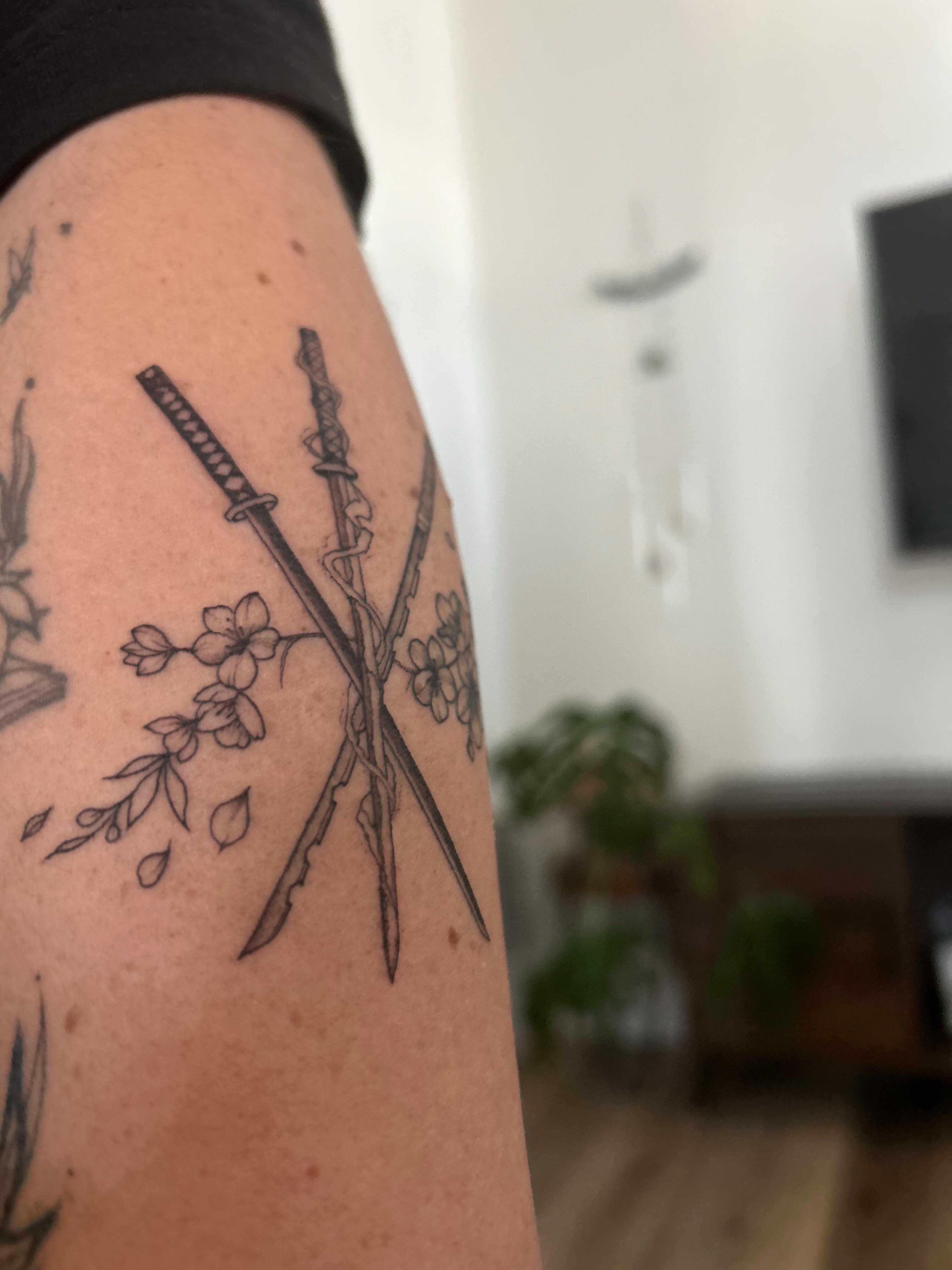 Katana and cherry blossoms japanese irezumi tattoo on the forearm by L i v π Tattoo Artist. AMITY TATTOO